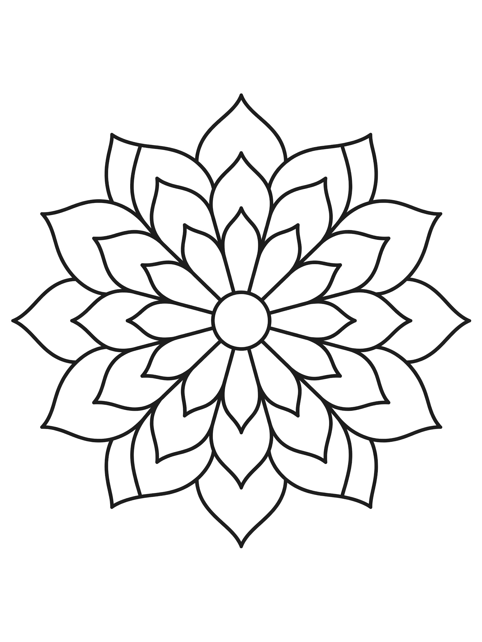 Black and white line art of a symmetrical lotus flower mandala with rounded petals radiating from the center and curved leaves around the edges.