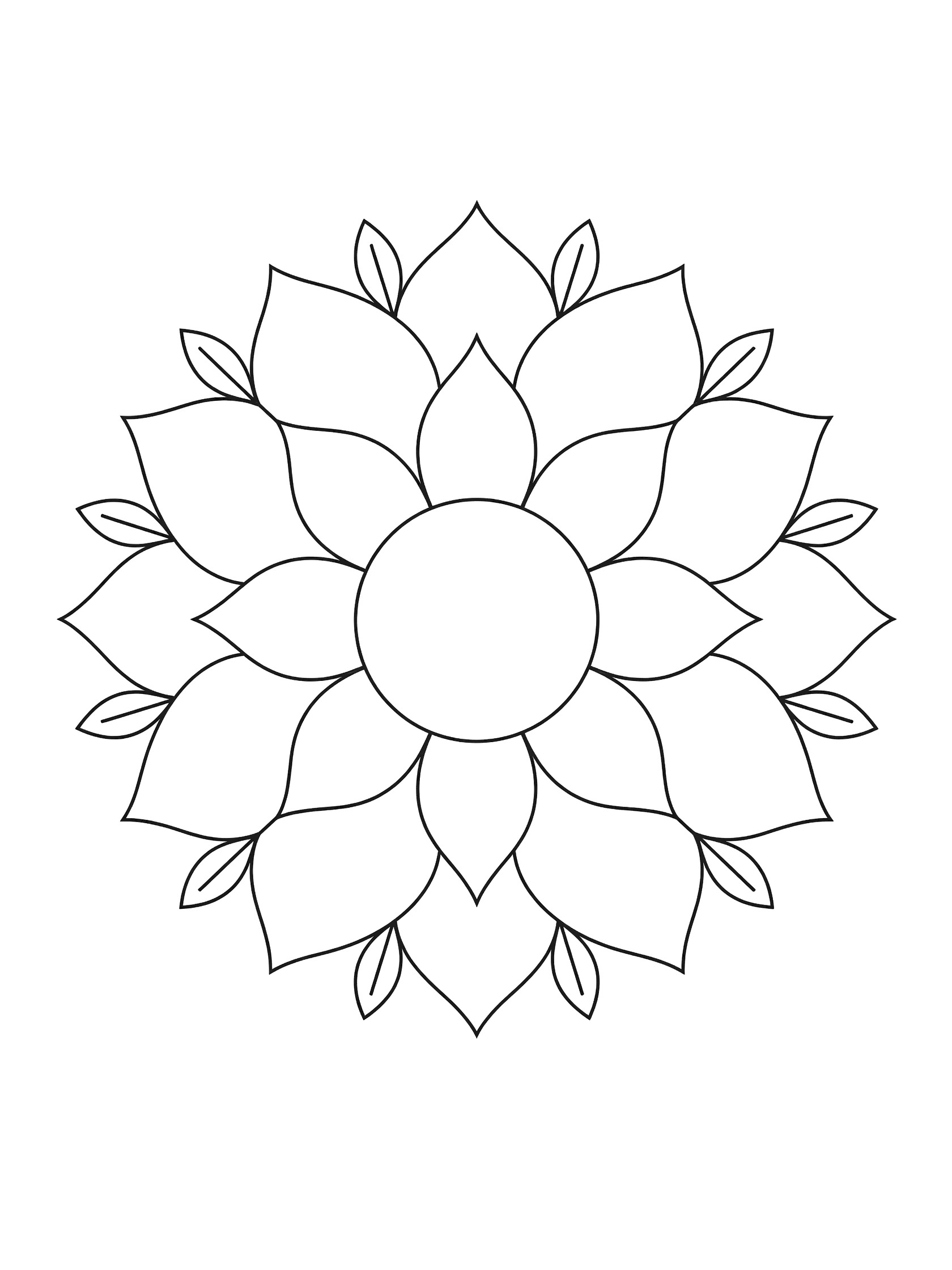 Black and white line art of a symmetrical lotus mandala with large petals around a central circle and simple leaf shapes.