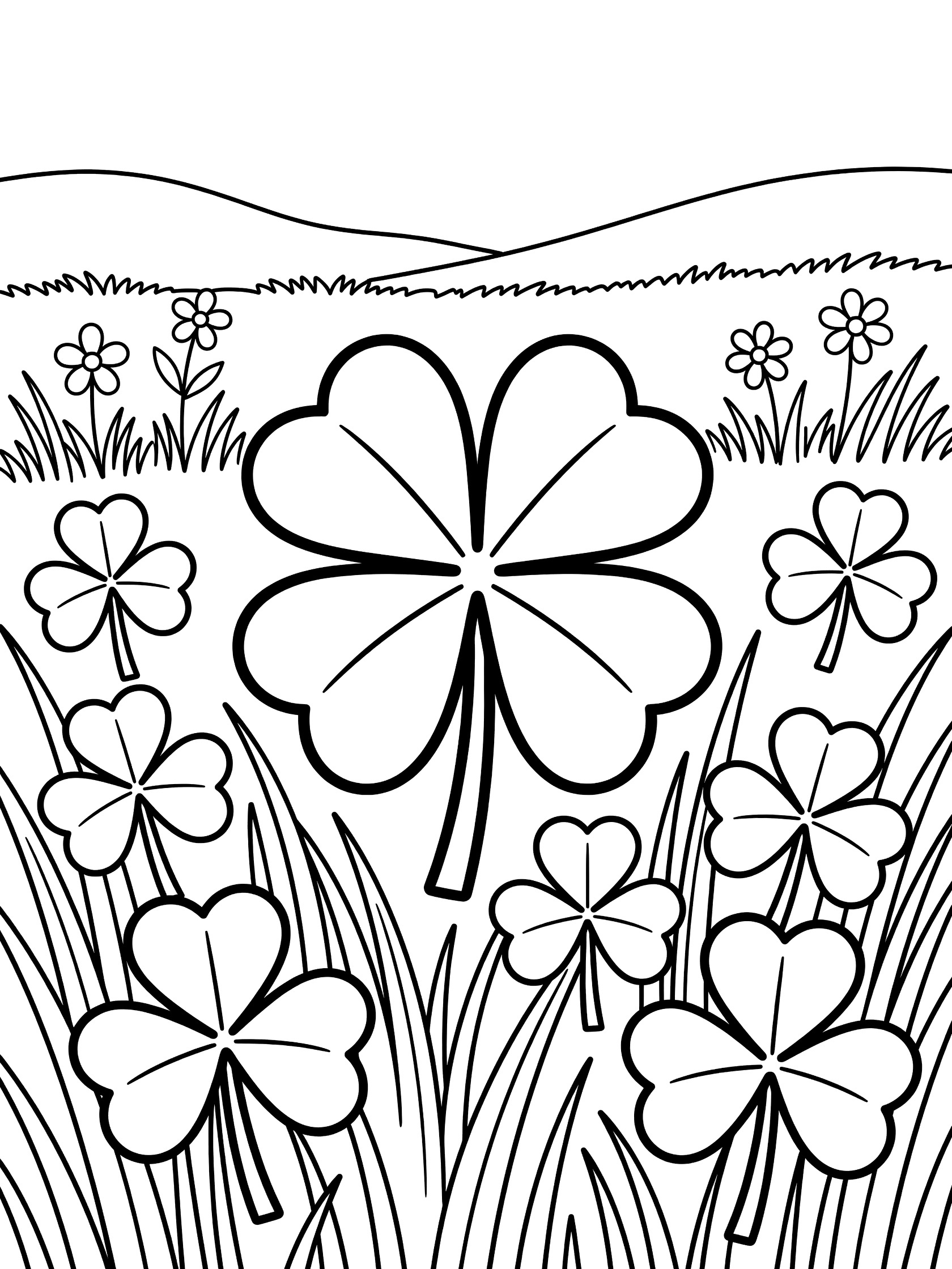 Black and white line art of a large four-leaf clover in a lush meadow with shamrocks, grass blades, simple wildflowers, and rolling hills in the background.