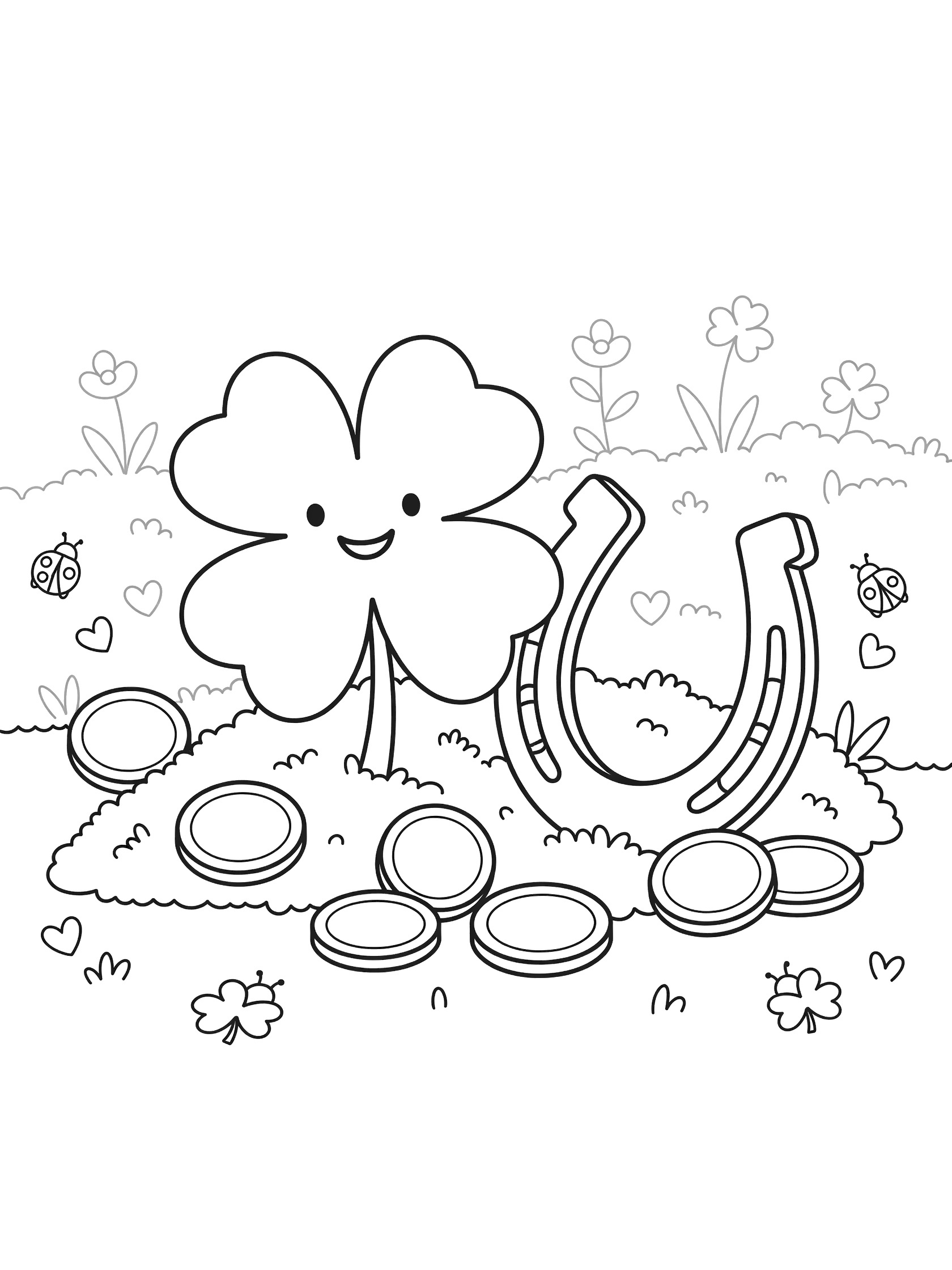 Cute four-leaf clover smiling beside a curved horseshoe and scattered gold coins on mossy ground with flowers and ladybugs, St. Patrick's Day coloring page line art.