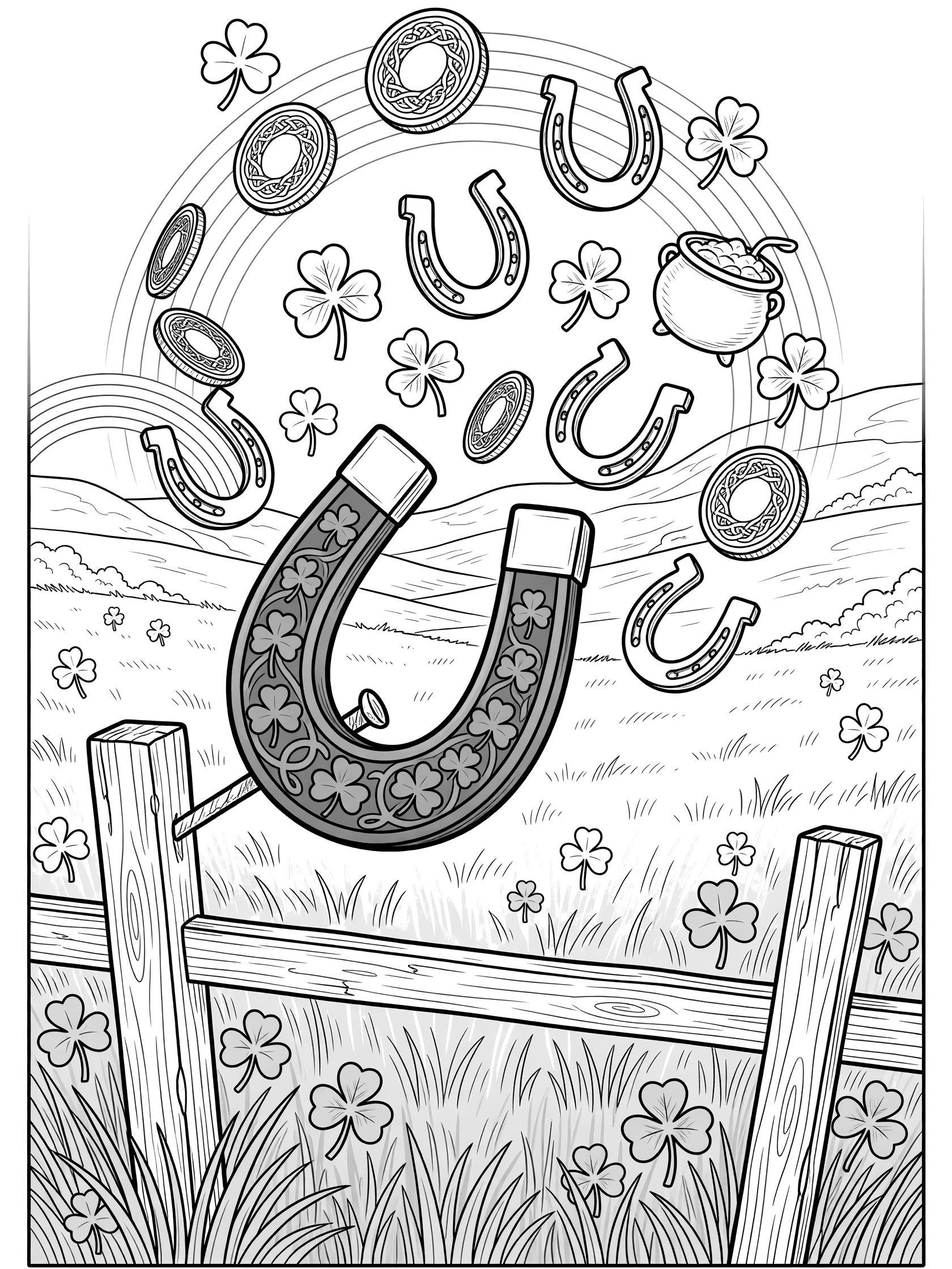 Black and white coloring page of a U-shaped horseshoe magnet on a wooden fence attracting gold coins, horseshoes, four-leaf clovers, and pot of gold medallions in a green meadow with rainbow.