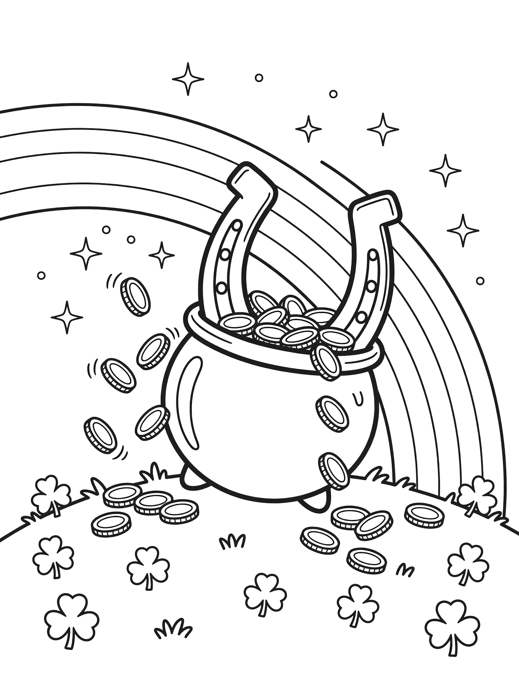 Black and white line art of a horseshoe-shaped pot of gold spilling shiny coins, four-leaf clovers, shamrocks, curving rainbow, and sparkles on a grassy hill for easy kids coloring.