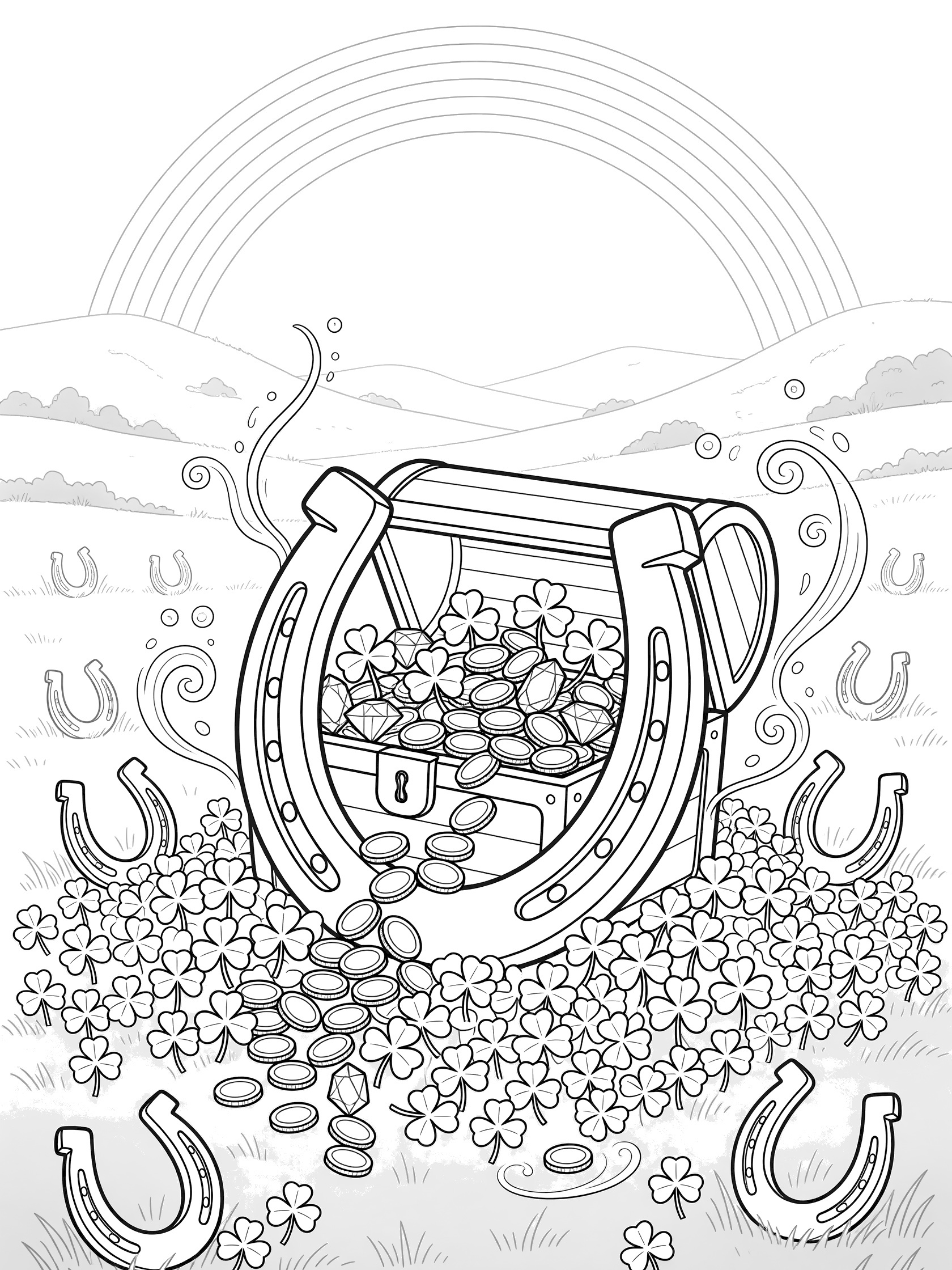 Black and white line art coloring page of a giant horseshoe treasure chest full of coins, clovers, and gems on shamrocks with rainbow overhead for St. Patrick's Day.