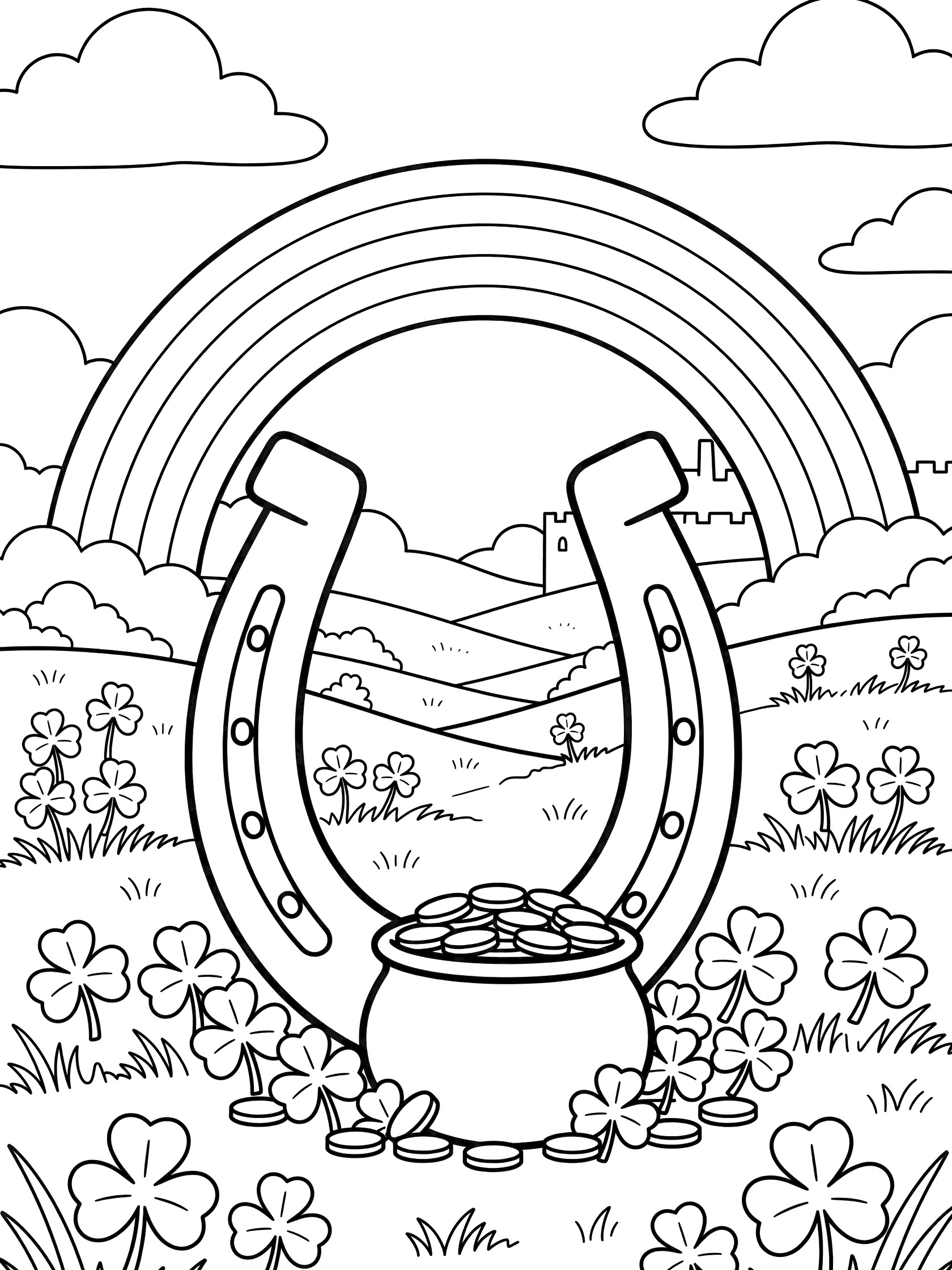 Black and white line art coloring page showing a large upright horseshoe with rainbow arching over it, pot of gold coins at base, shamrocks, meadow grass, rolling hills, clouds, and distant castle.