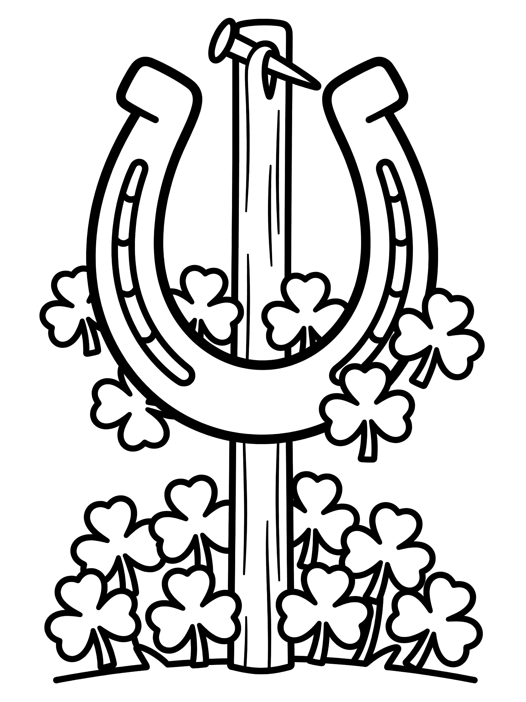 Line art coloring page showing a large horseshoe open side up on a post with clusters of shamrocks tucked in and dangling for St. Patrick's Day