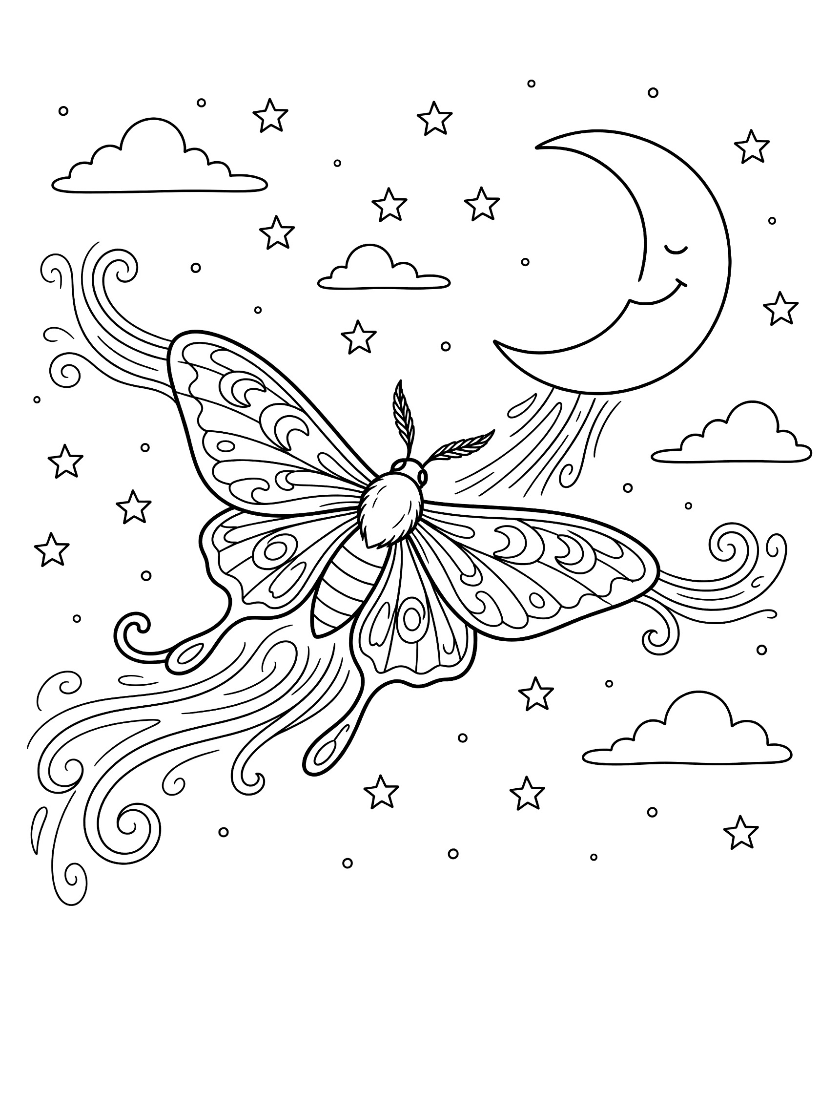 Black and white coloring page of a luna moth with swirly wing trails flying toward a crescent moon with sleepy eyes in a starry sky with clouds.