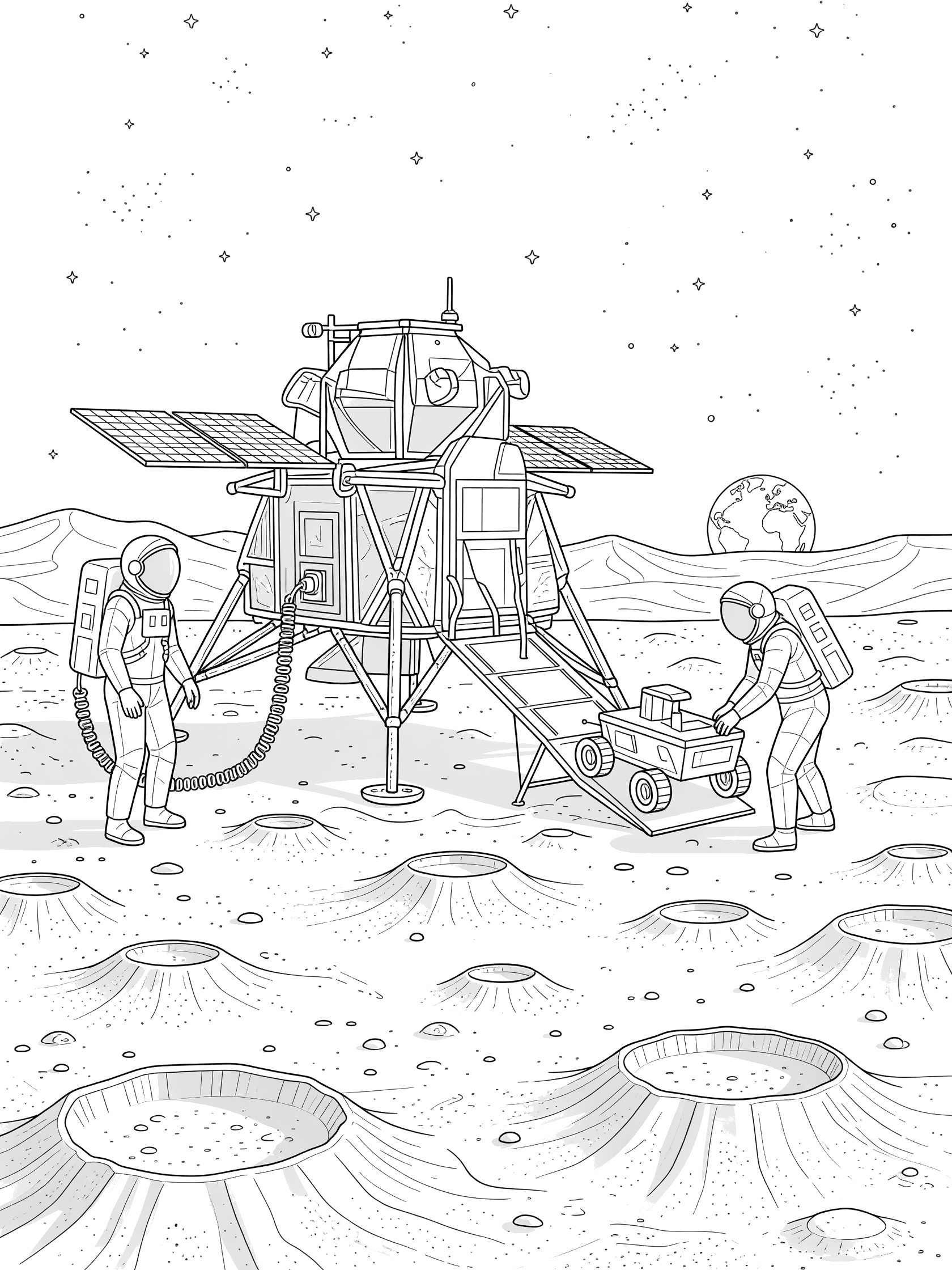 Black and white line art of a lunar lander on the moon with two astronauts: one plugging in a cable, the other loading a rover, craters, stars, and Earth visible.