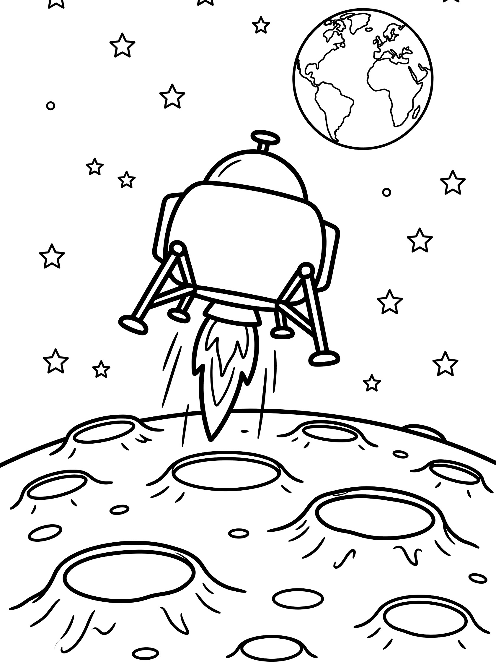 Black and white line art coloring page showing a chubby lunar lander with flames landing on cratered moon, stars sparkling, and Earth visible in space.