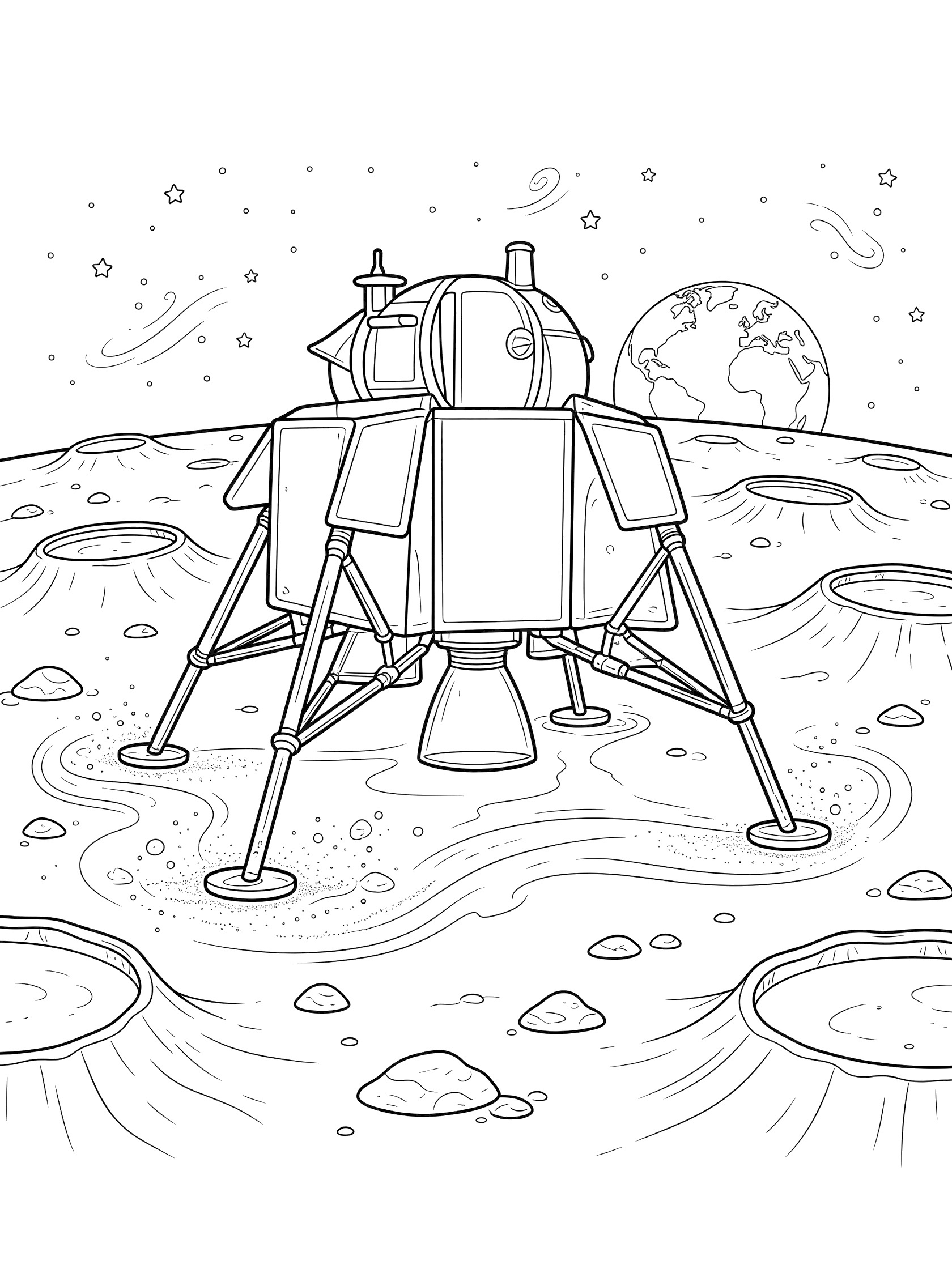 Line art coloring page showing a lunar lander perched on the moon with four legs, descent engine, swirling dust, rocks, craters, stars, and Earth on the horizon.