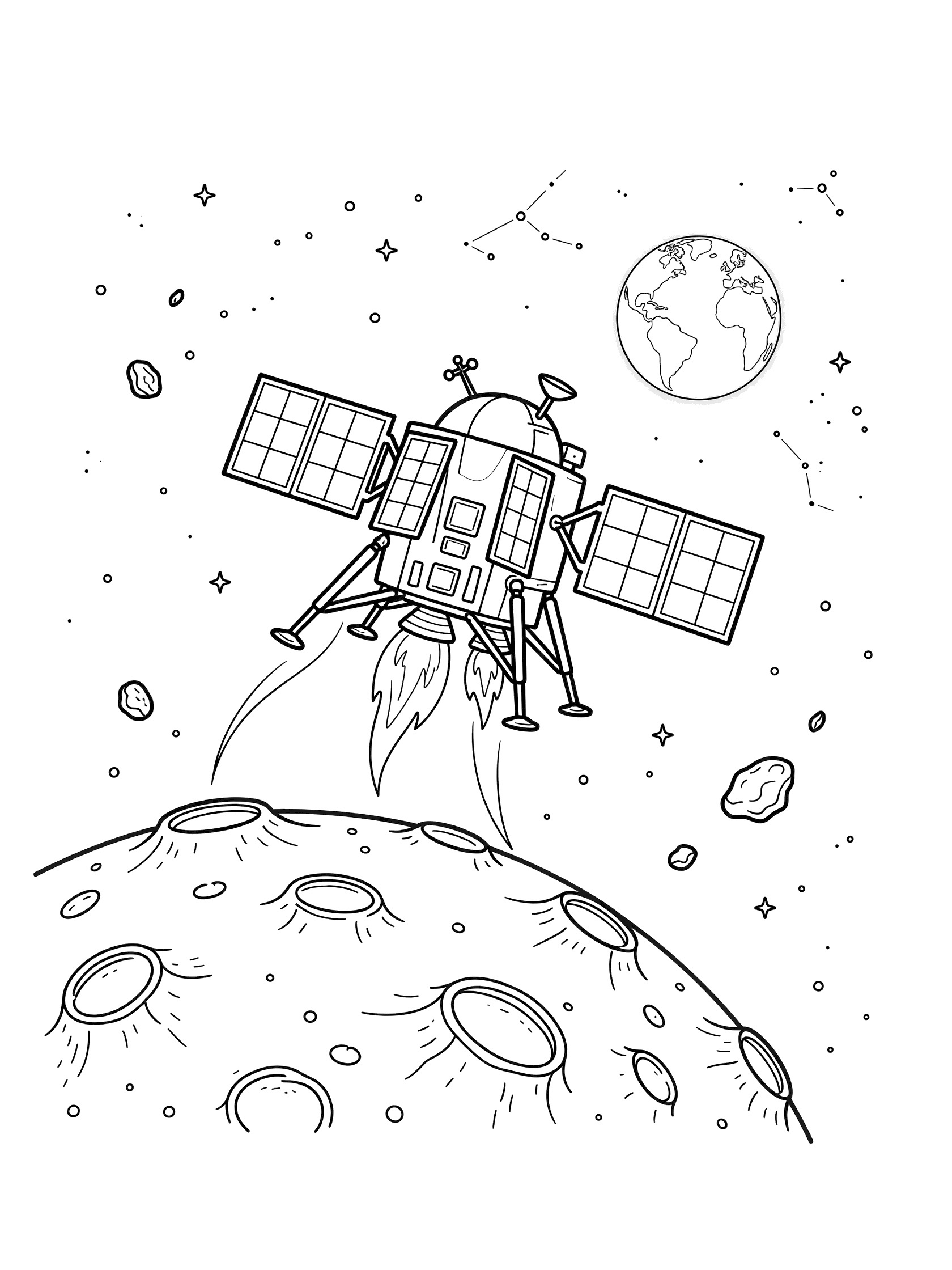 Black-and-white coloring page of a lunar lander in orbit near the cratered moon surface, with curved thruster flames, extended solar panels, distant Earth, stars, and floating space debris.