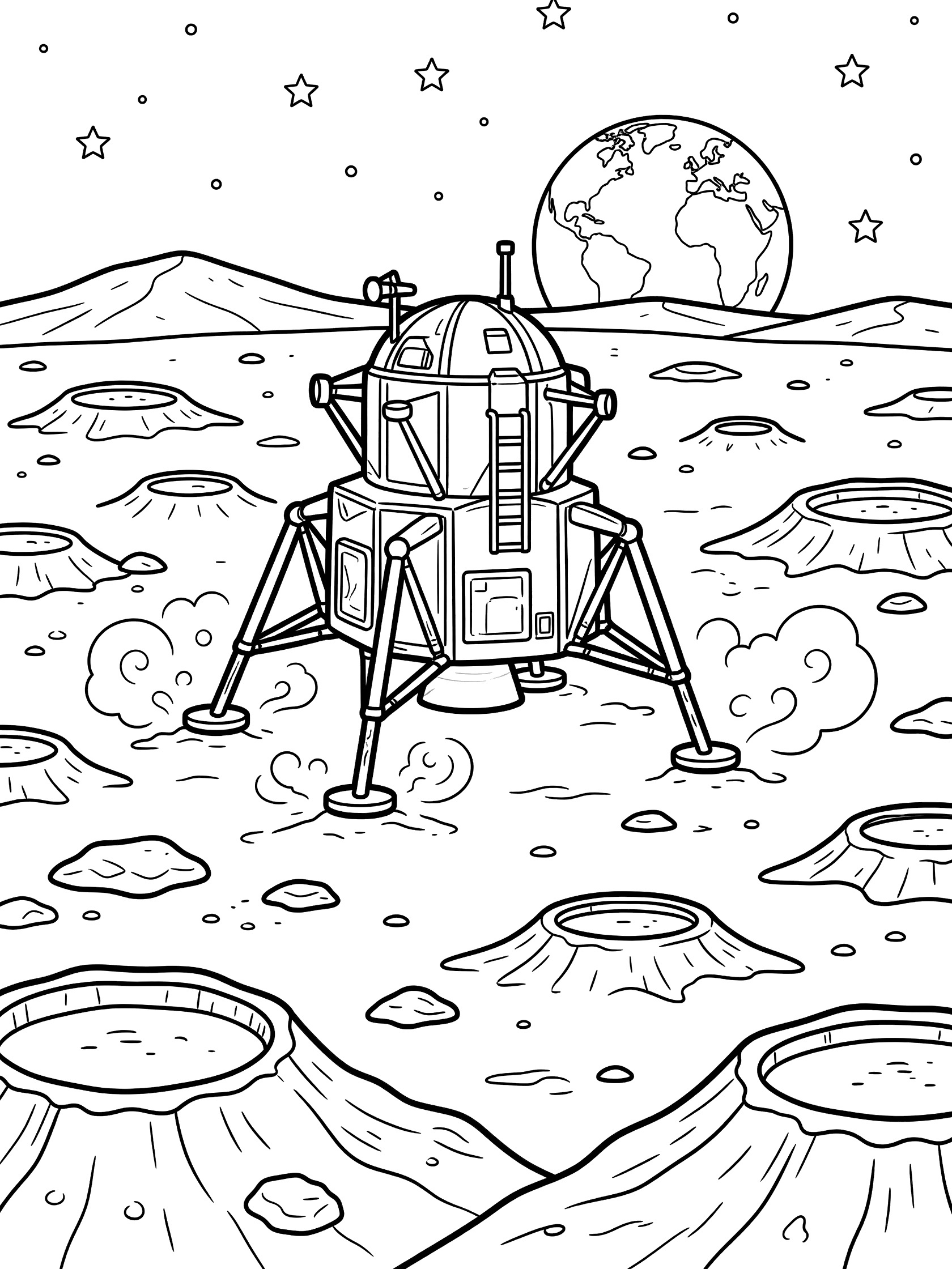 Black and white line art coloring page of a landing module on the moon with four legs kicking up dust, surrounded by craters and Earth on the horizon.