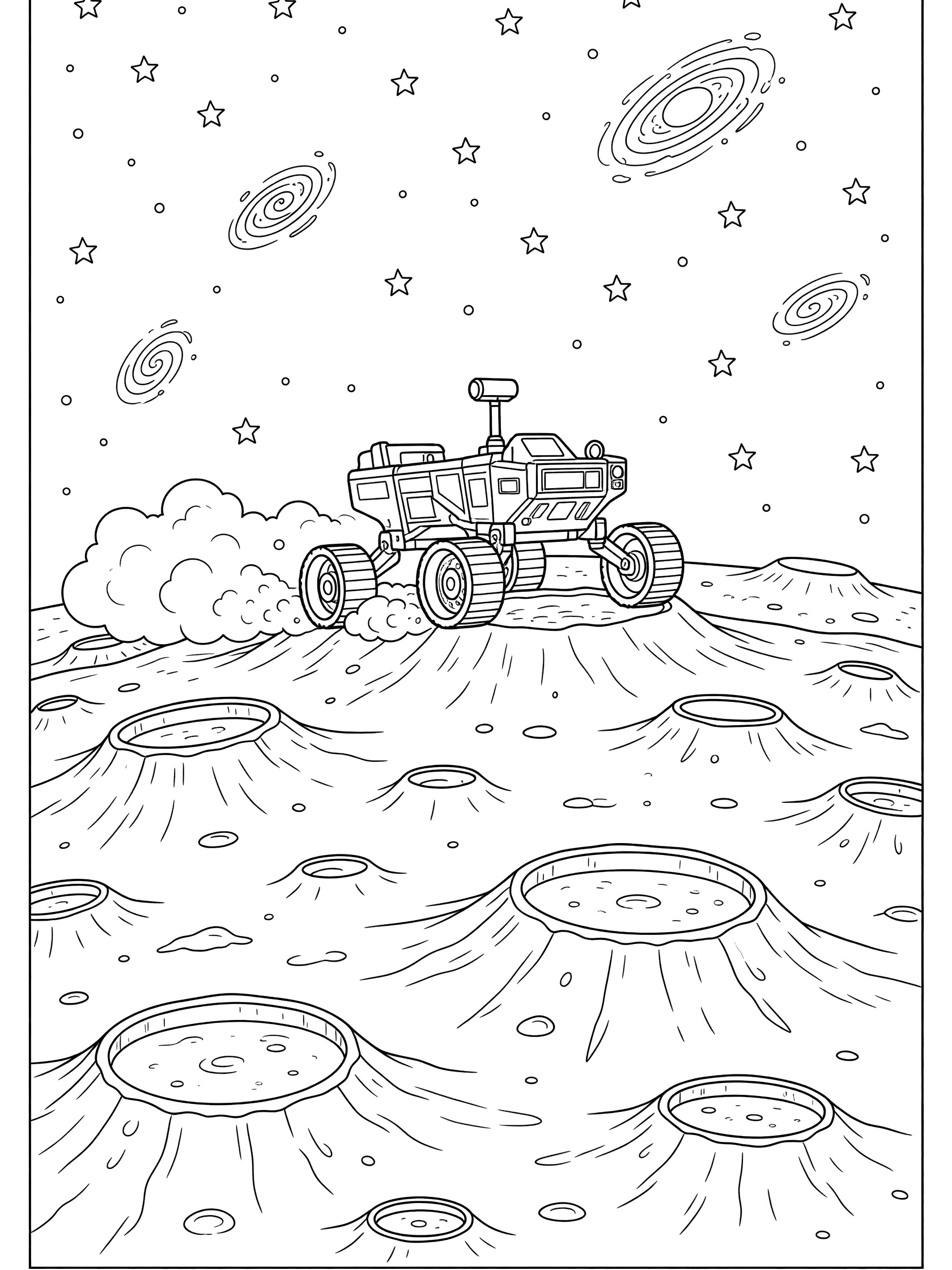 Black and white line art of a lunar rover exploring bumpy craters on The Moon, kicking up dust, with stars and galaxy swirls above