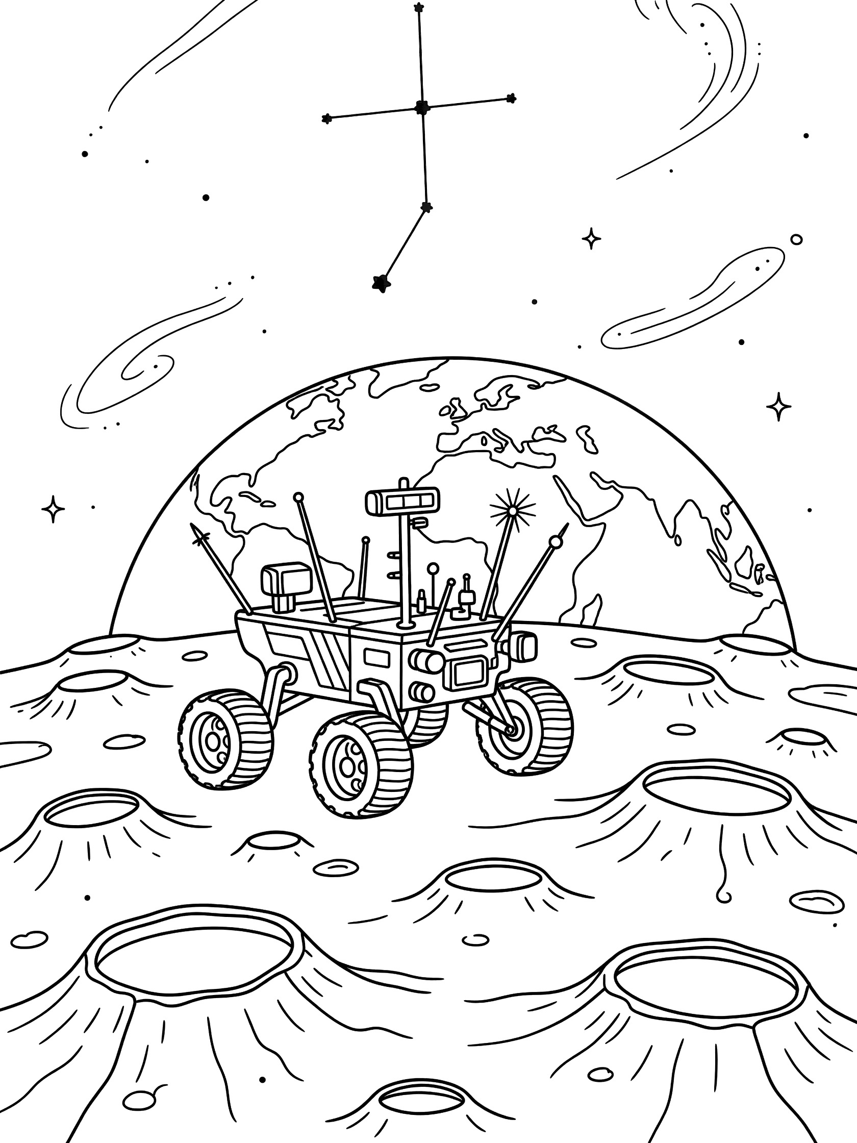 Black-and-white coloring page showing a lunar rover parked on the moon scanning the Southern Cross constellation with antennas, craters below, Earth rising, and galaxy stars above.