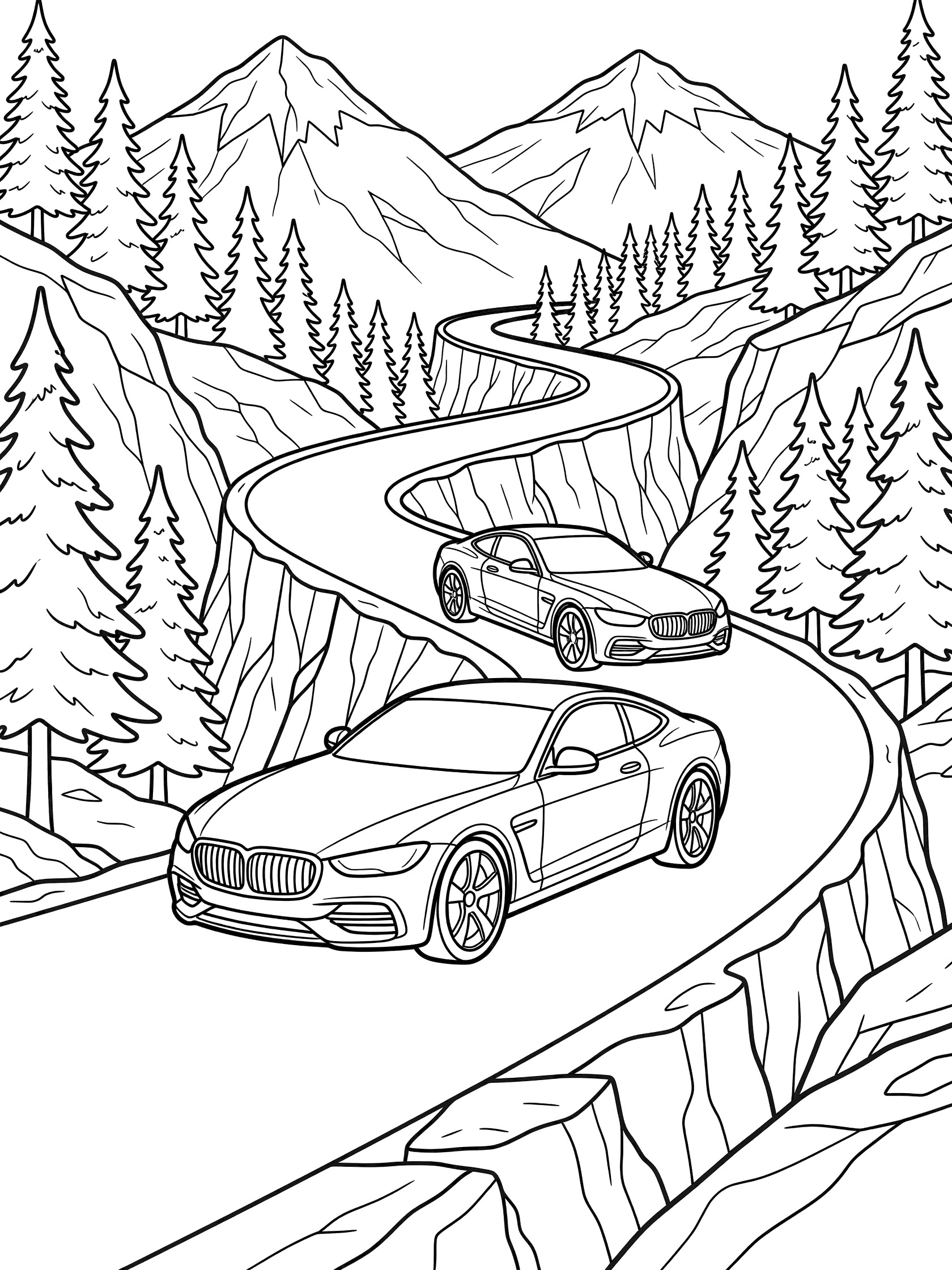 Black and white coloring page of two luxury sports cars driving on a winding road through pine trees and rocky mountains