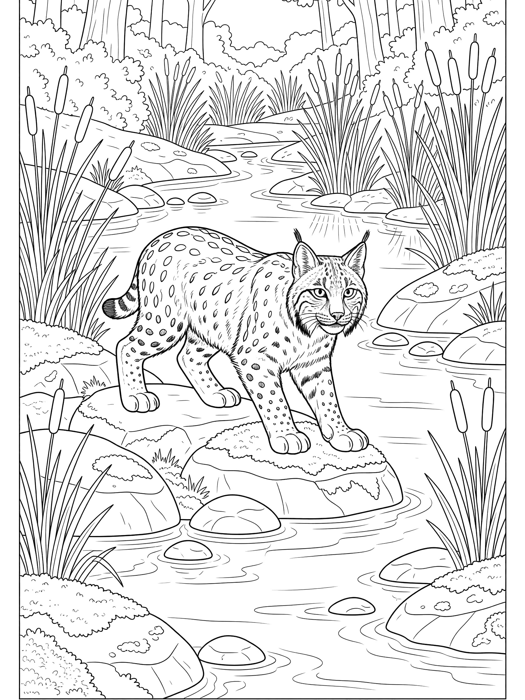 Black and white line art of a lynx standing on rocks in a forest stream with reeds, pebbles, and mossy surroundings.