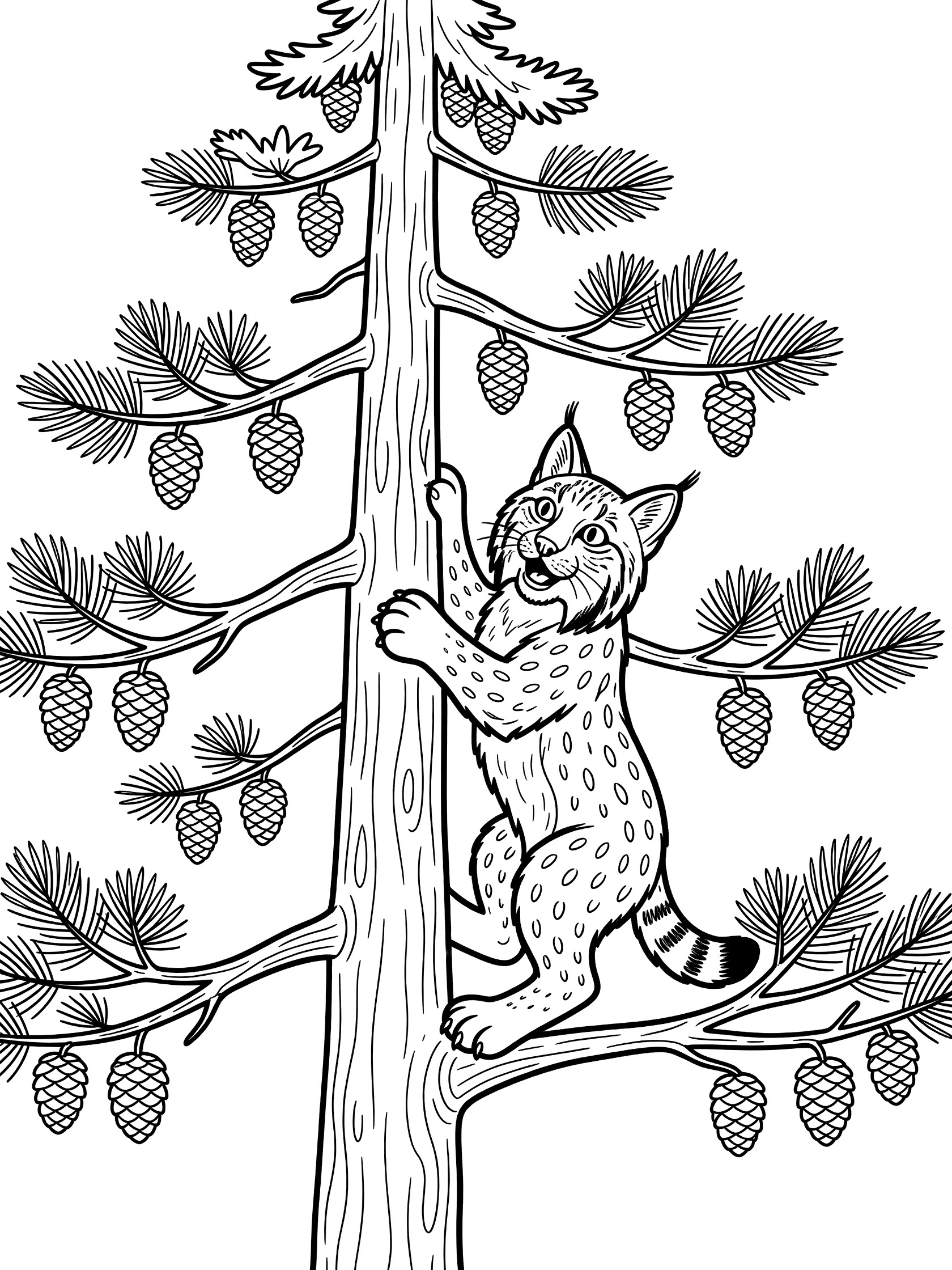 Black and white line art coloring page showing a lynx gripping a pine tree trunk with paws, climbing up toward branches and pinecones, clean outlines on white background.