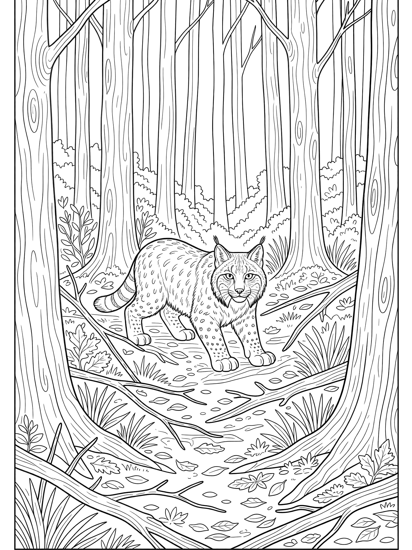 Black and white coloring page of a lynx walking low through forest trees, twigs, leaves, and trunks