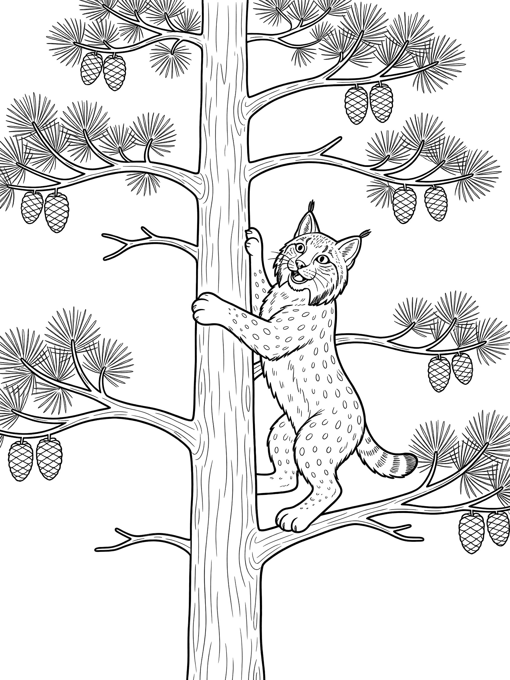 Black and white line art coloring page showing a lynx kitten gripping the trunk of a tall pine tree with branches and pinecones, clean outlines on white background.