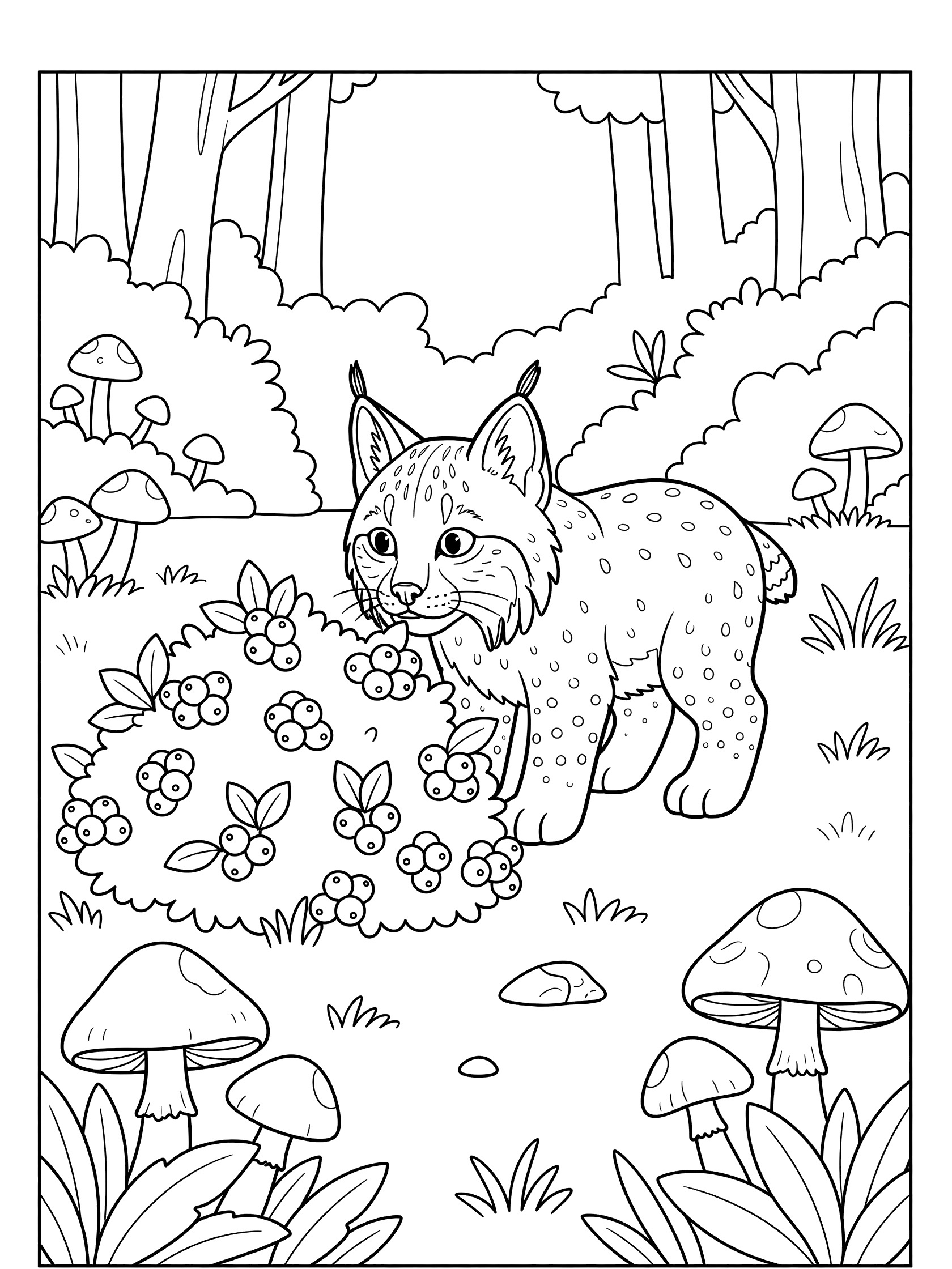 Black and white line art coloring page showing a lynx kitten sniffing a bush with berries, surrounded by mushrooms, leaves, grass, and forest trees.
