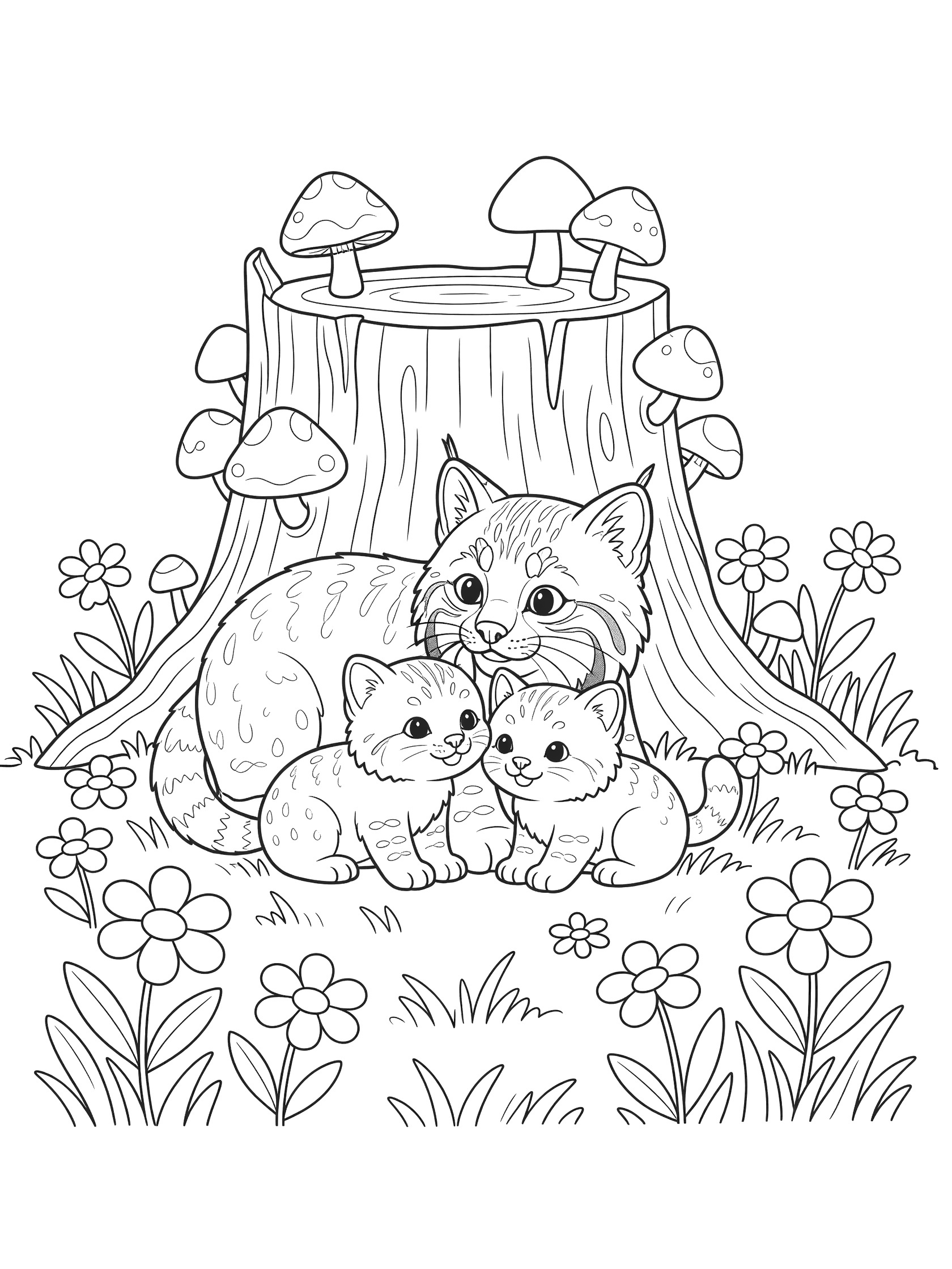 Black and white line art coloring page showing a lynx mother cat nuzzling two small lynx kittens next to a tree stump topped with mushrooms, surrounded by soft grass and simple flowers. Bobcat themed black and white printable line art