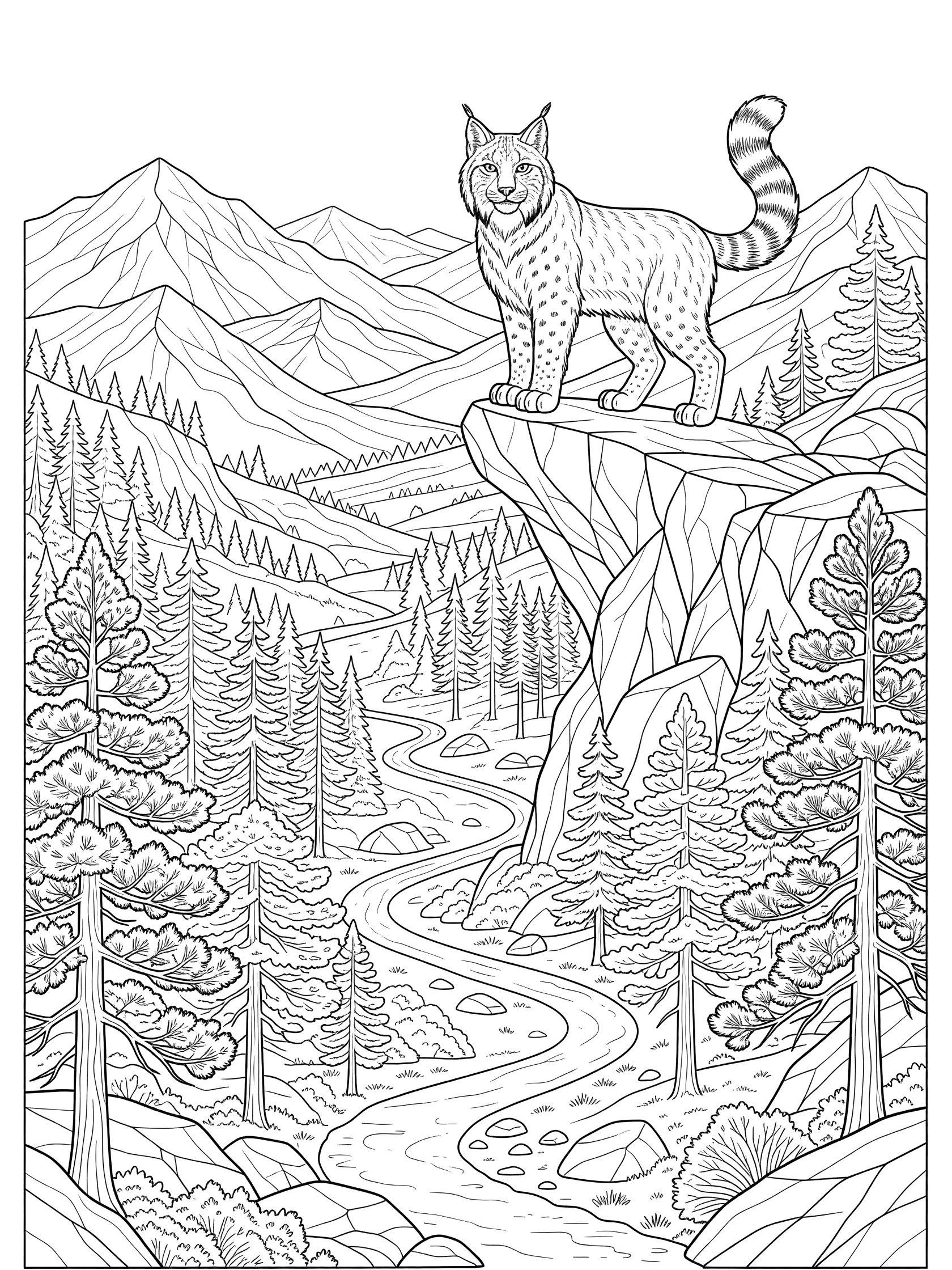 Black and white line art coloring page of a lynx cat on a tall rocky cliff above a forested valley with pine trees, distant mountains, and a winding river path.