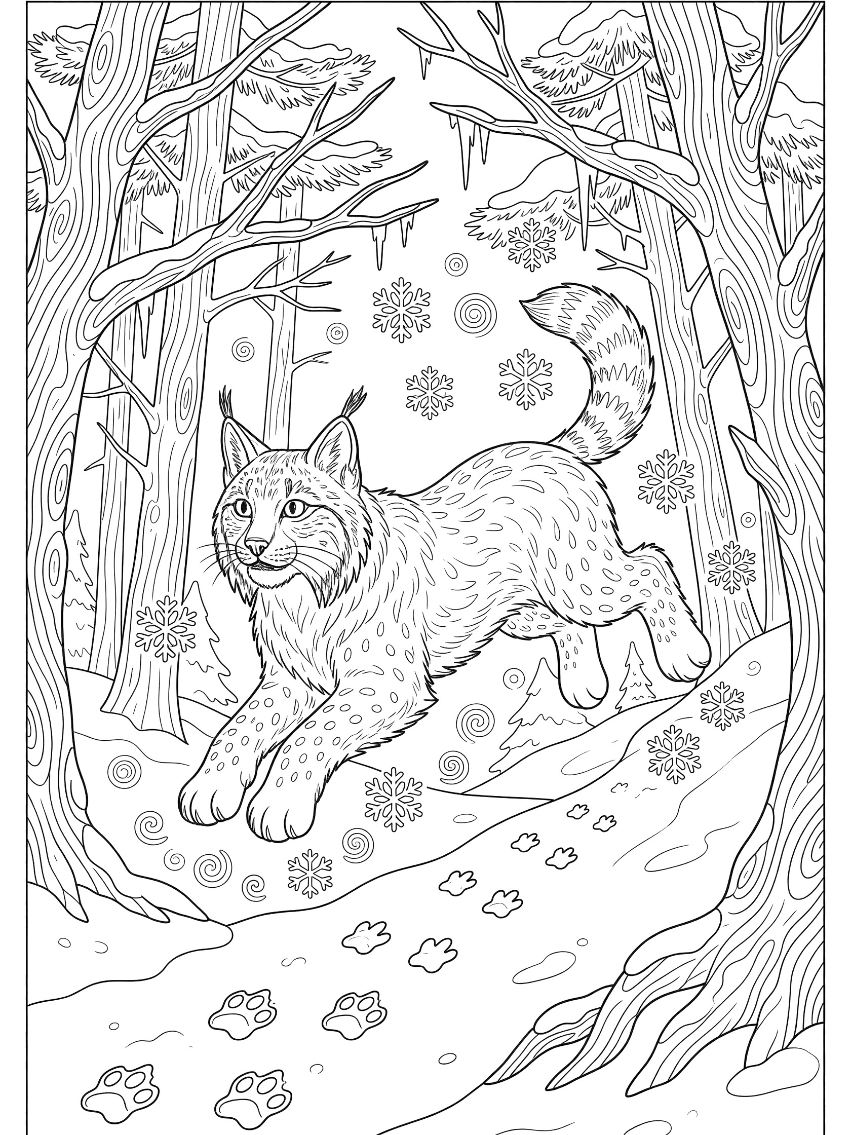 Black and white coloring page of a lynx running in a snowy forest with trees, icicles, snowflakes, and paw prints.