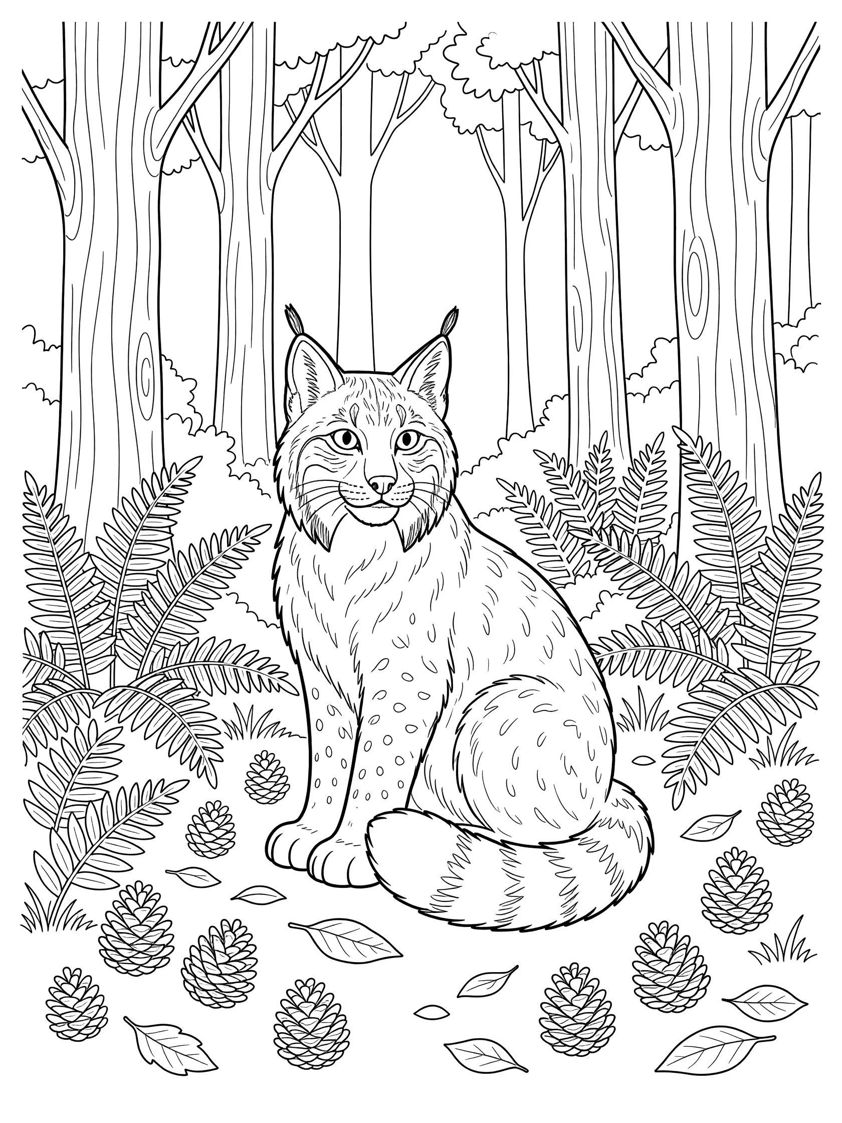 Black and white line art of a lynx sitting on forest floor with trees, ferns, pinecones and leaves, coloring book style.