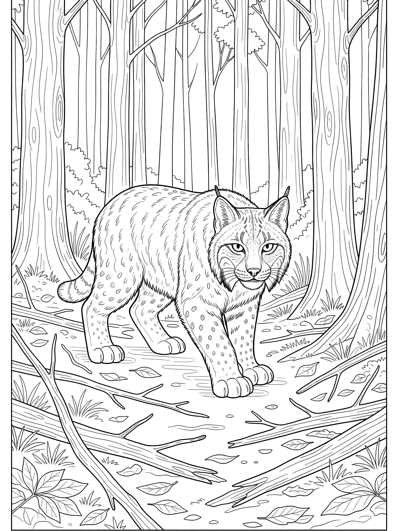 Black and white line art coloring page showing a lynx prowling stealthily through a forest with tree trunks, twigs, leaves, and ground cover.