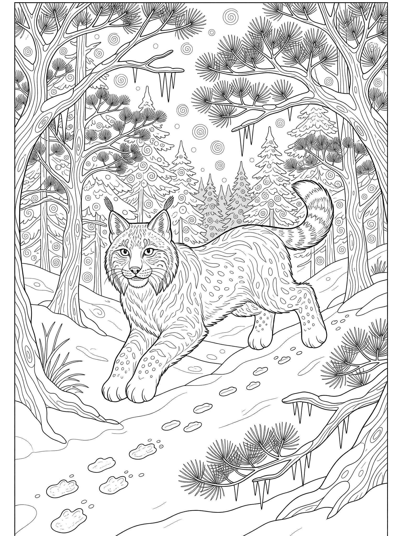 Black and white line art of a lynx walking in a snowy forest with pine branches, swirling snowflakes, animal tracks, icicles, and twisted trees.