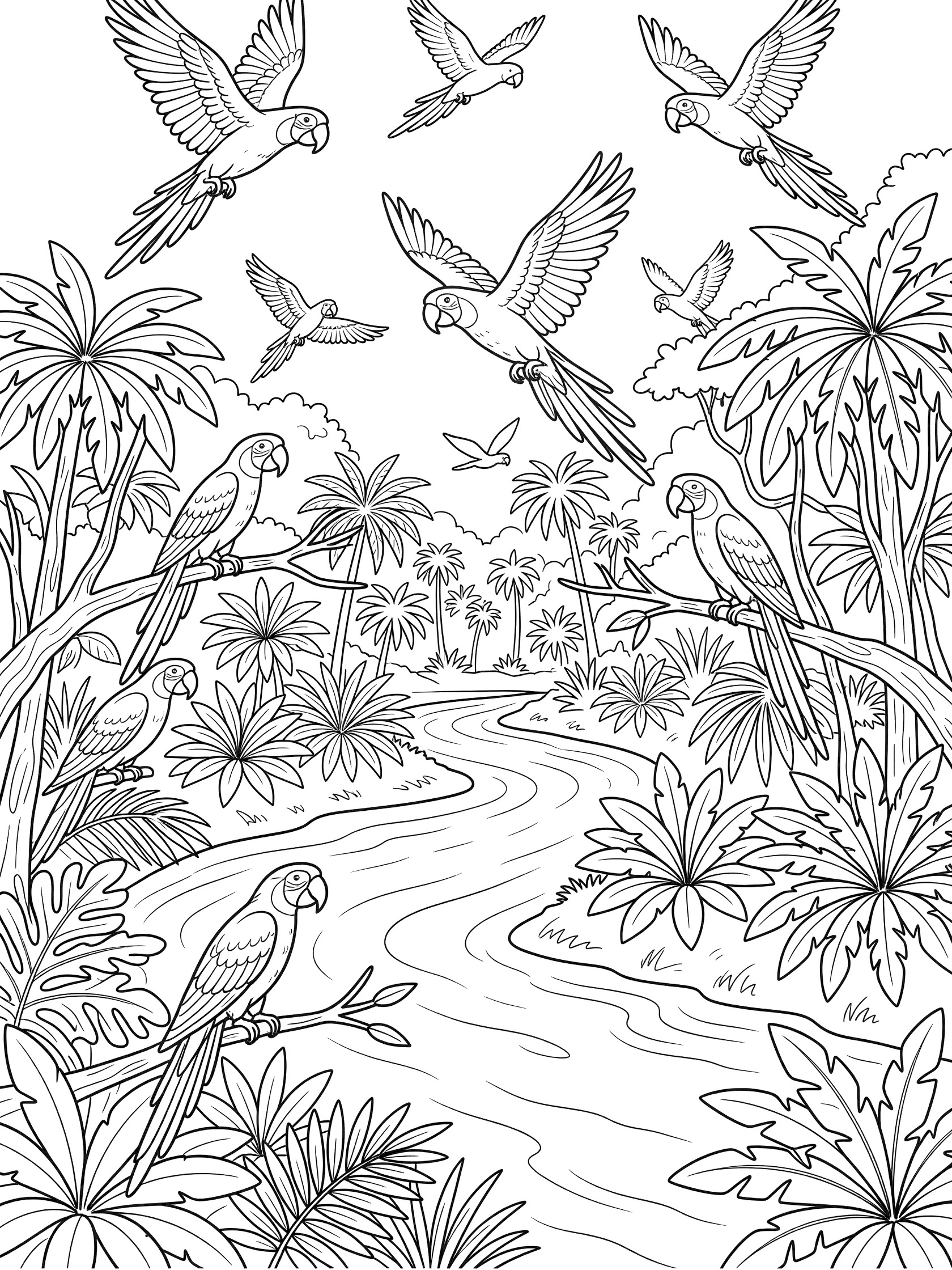 Black and white line art coloring page showing several macaws with spread wings flying above a curving river surrounded by jungle foliage and palm trees. Amazon River themed black and white printable line art