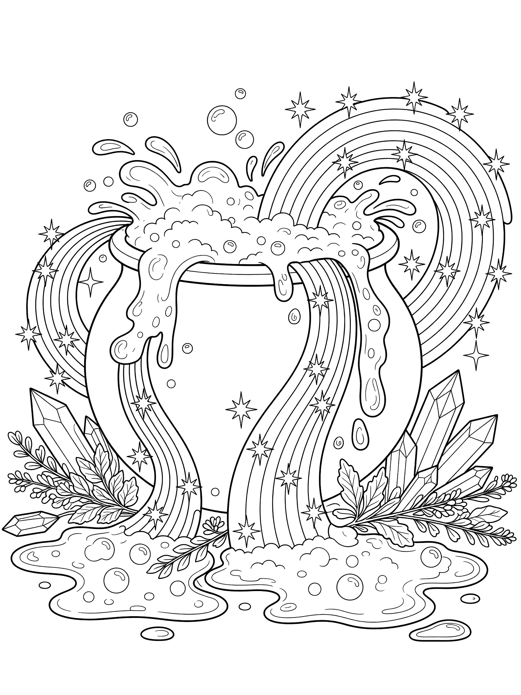 Black and white line art coloring page showing a round cauldron overflowing with bubbly potion that forms rainbows, stars and spills to the ground with crystals, leaves and herbs around the base.