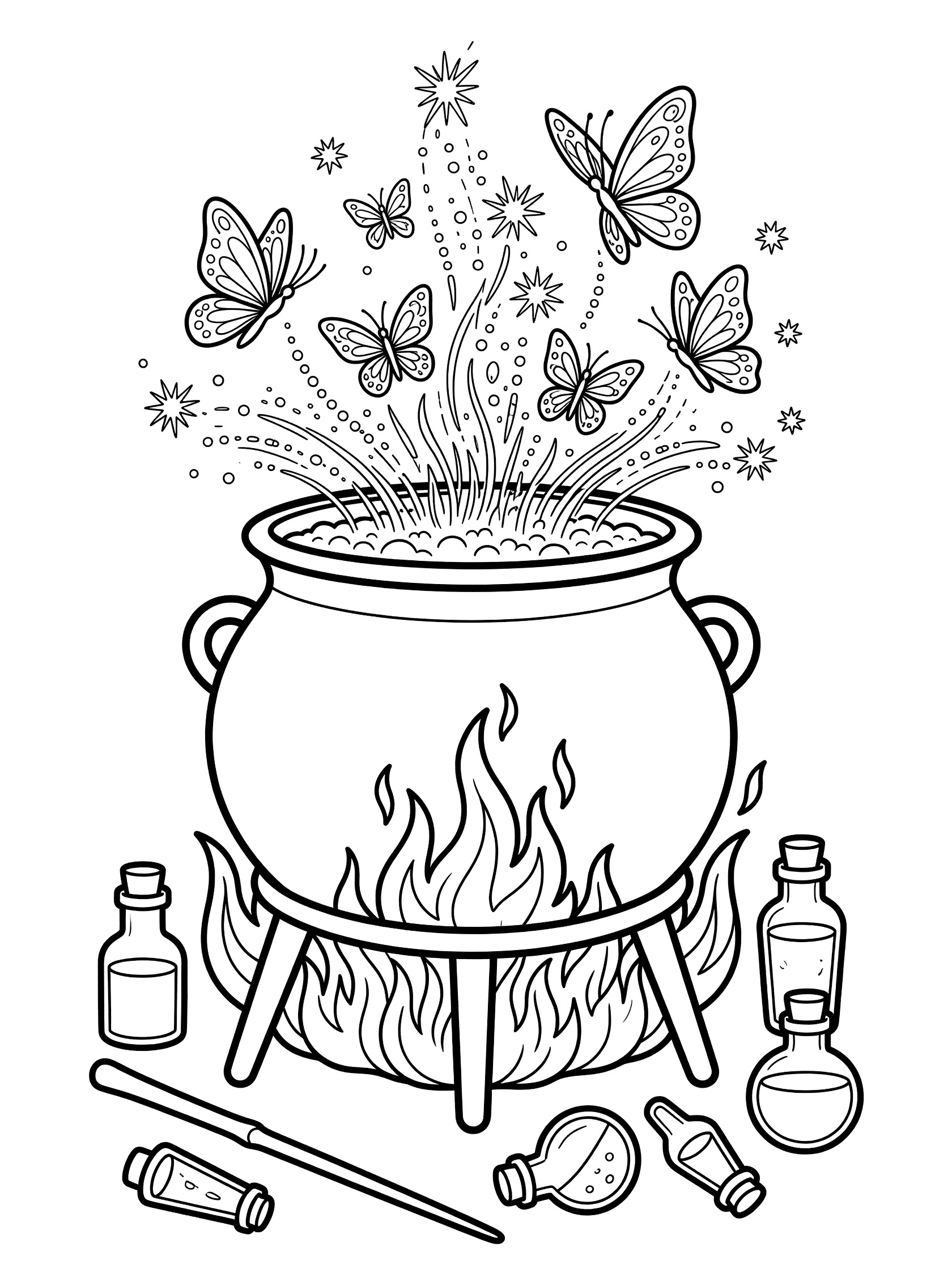 Black and white line art coloring page showing a cauldron on a tripod over flames, bubbling with butterflies and magical sparks, potion bottles and wand nearby.