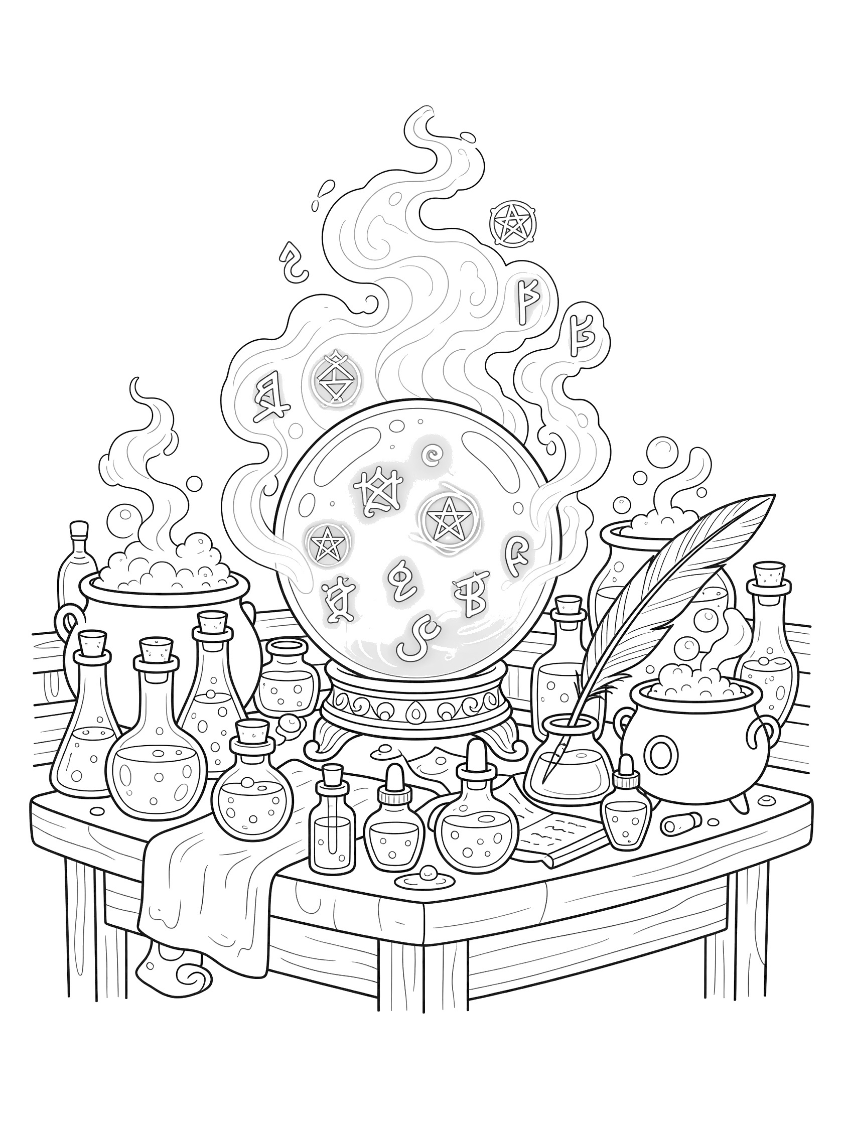Black and white coloring page of a crystal ball on a wooden table with bubbling cauldrons, potion bottles, mystic fog with symbols, and a feather quill.
