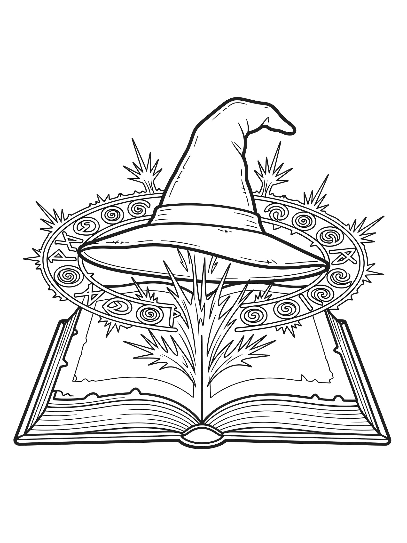 Black and white line art coloring page showing a wizard hat sitting on an open book with thorny vines rising up and circular sparkly designs around it.