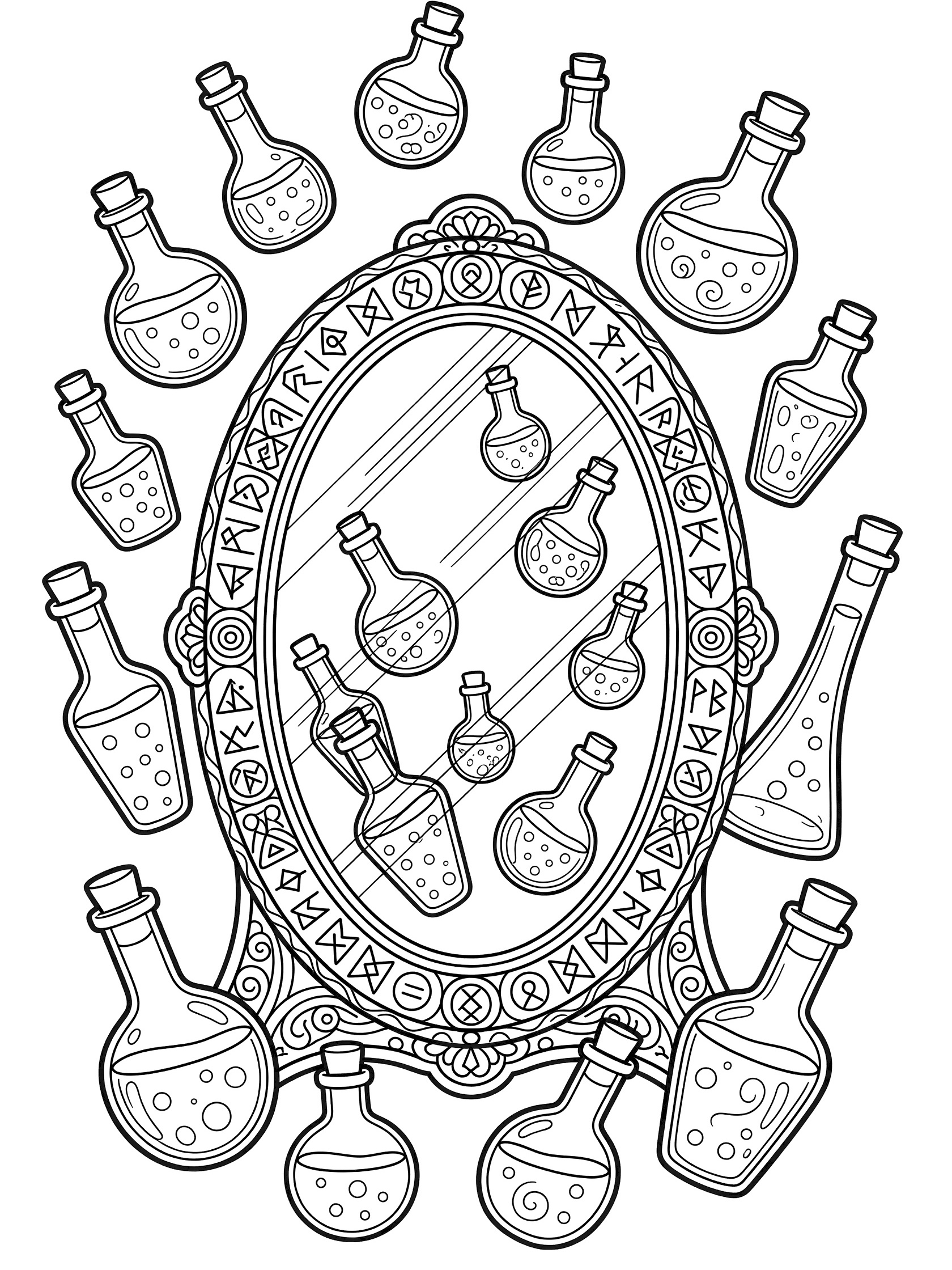 Black and white coloring page of an ornate magic mirror with geometric patterns on the frame, surrounded by many floating potion bottles of different shapes, some reflected inside the mirror glass.