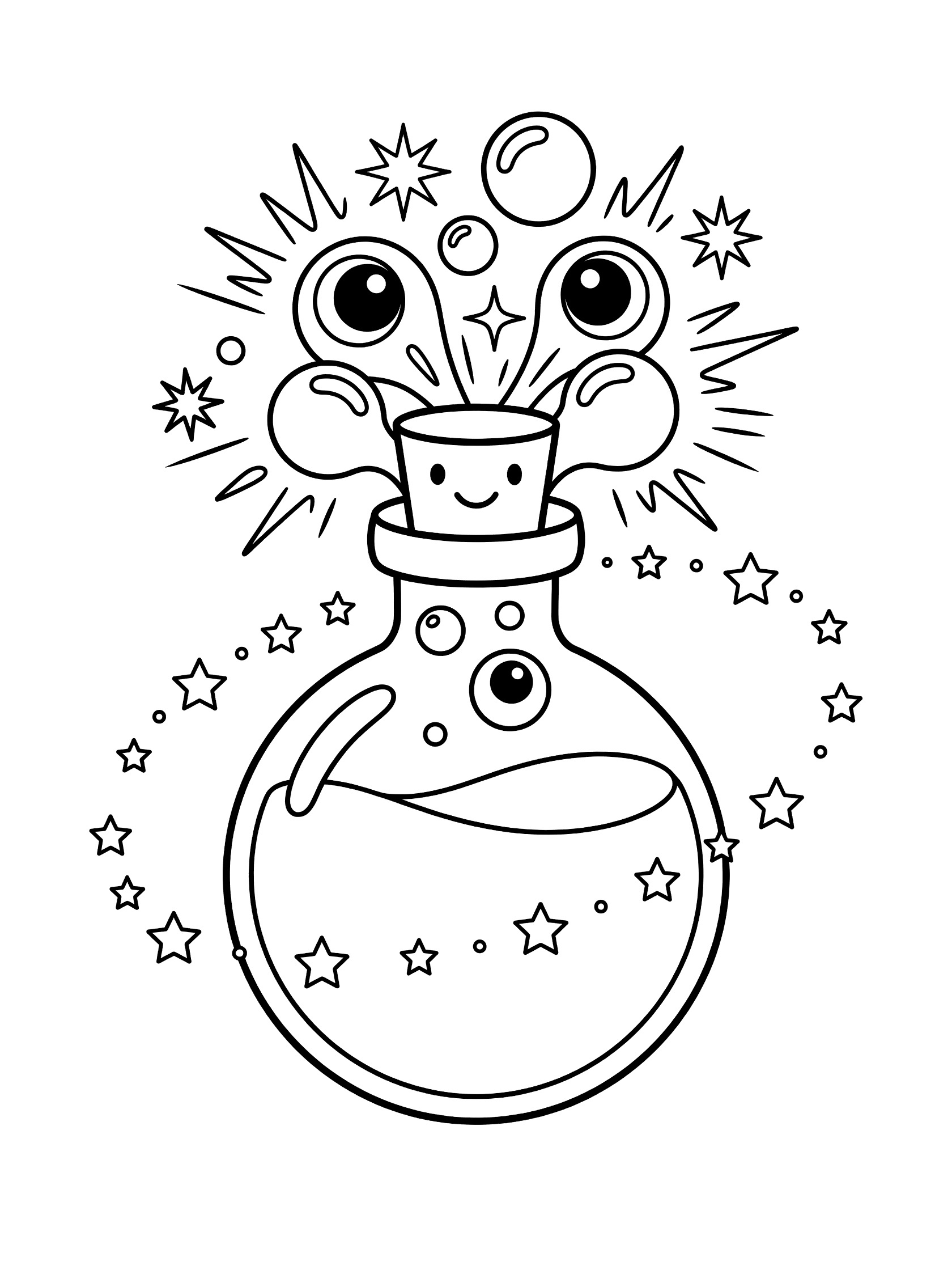 Black and white line art coloring page showing a round potion bottle with happy cork face, big eye-like bubbles, bursting sparkles from the top, and orbiting stars.