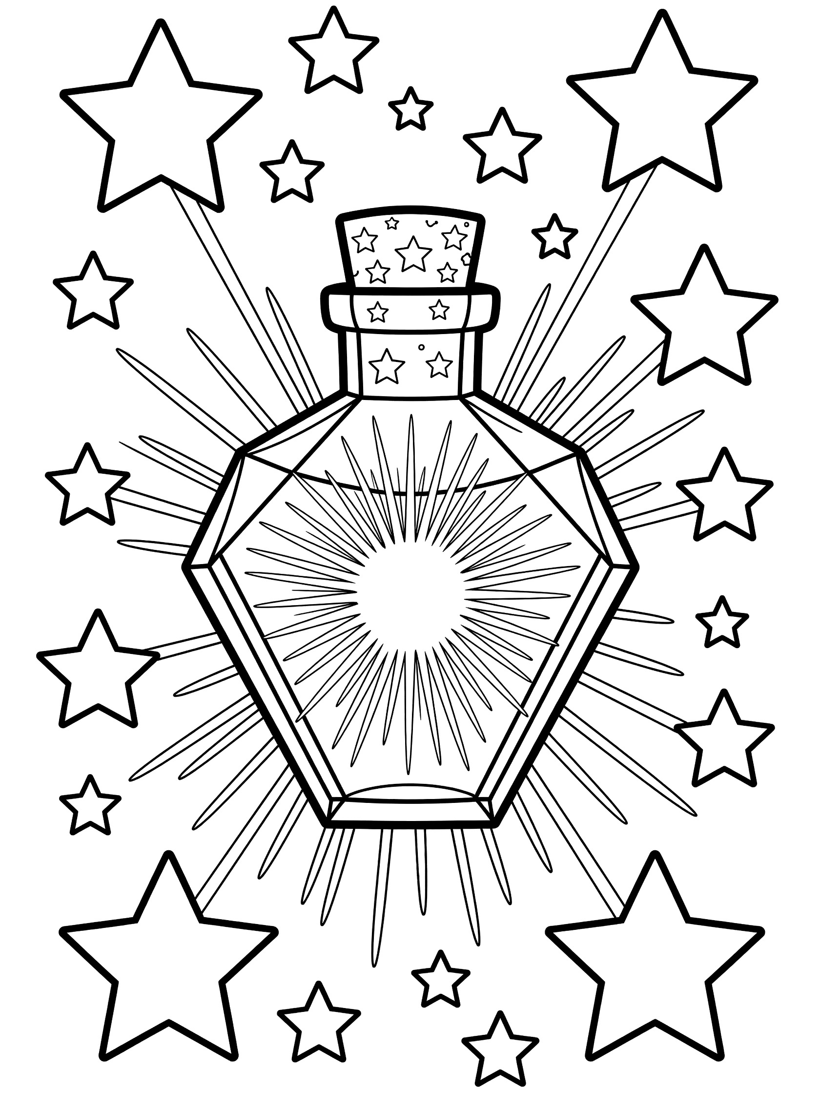 Black and white coloring page showing a faceted potion bottle with glowing lines inside, starry cork on top, and simple stars around it.