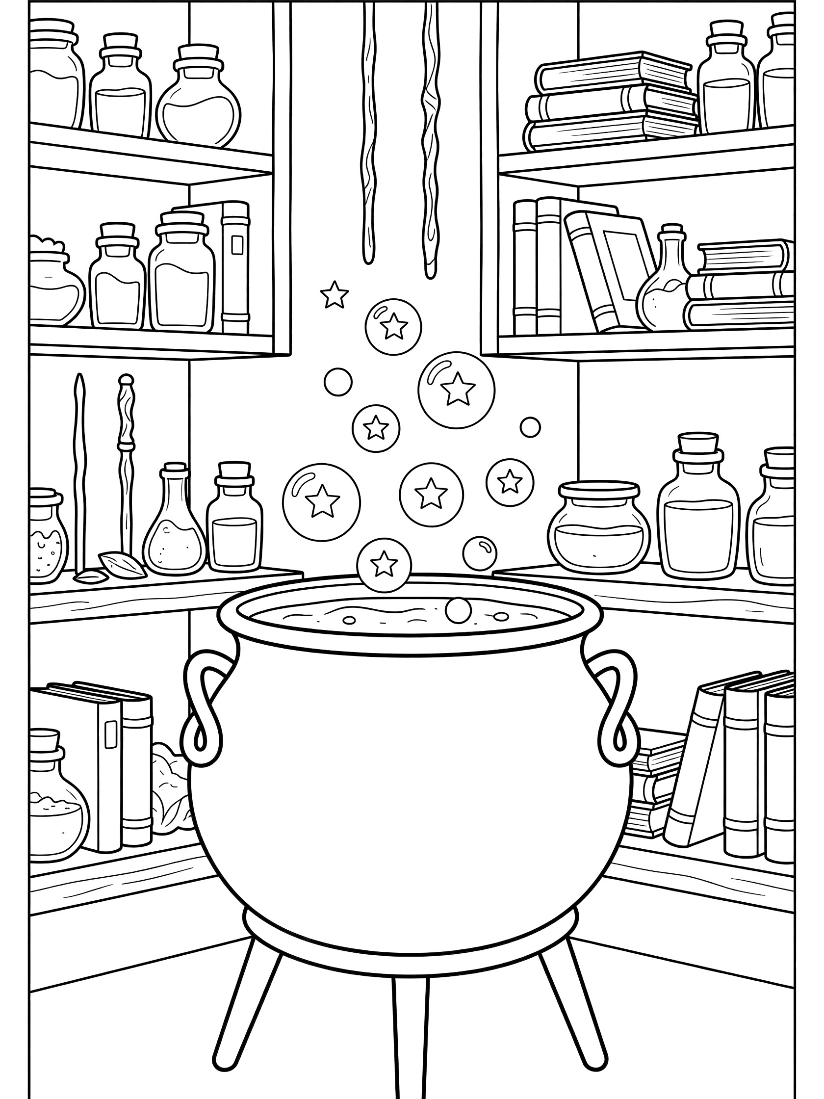 Black and white line art of a large cauldron bubbling with stars on a stand, surrounded by shelves of jars, books, and wands in a magic lab.