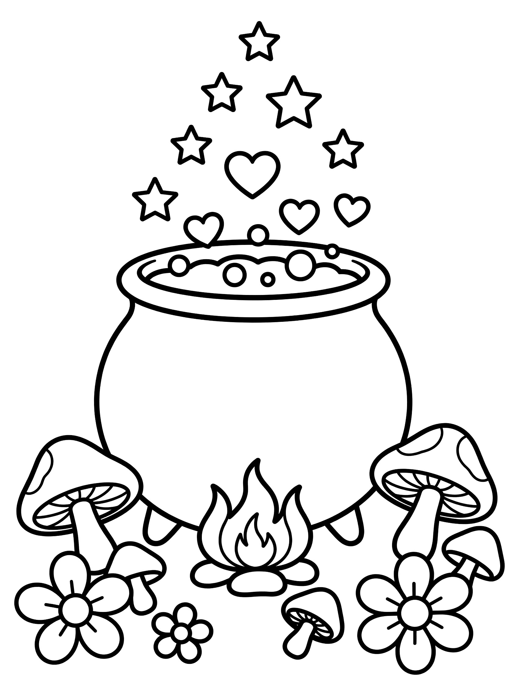 Black and white line art coloring page showing a large round cauldron bubbling over a fire with stars and hearts floating up plus mushrooms and flowers nearby