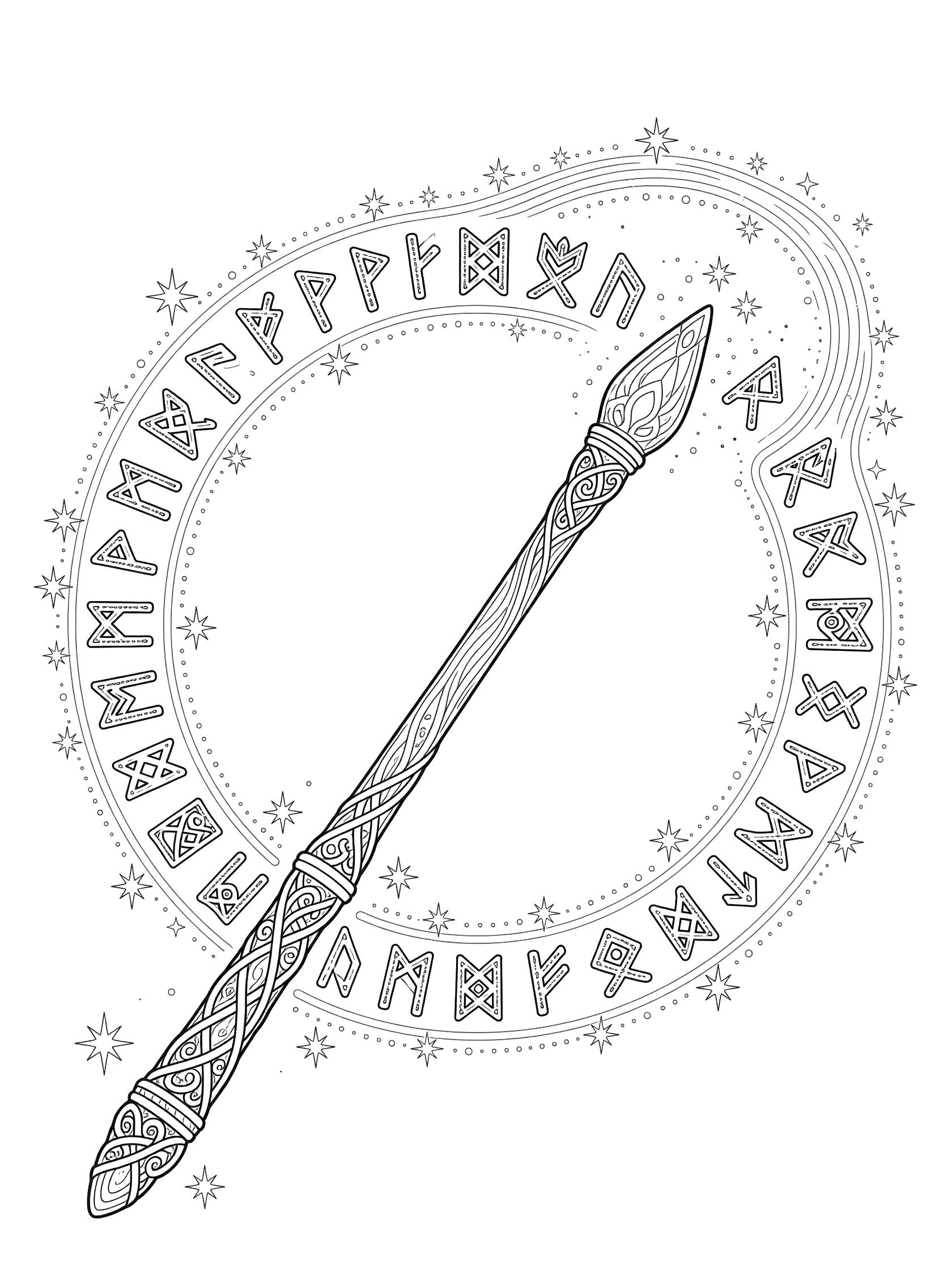 Black and white line art of an ornate magic staff casting a circle of ancient runes with sparkles in the air, coloring book style. Magic Wand themed black and white printable line art