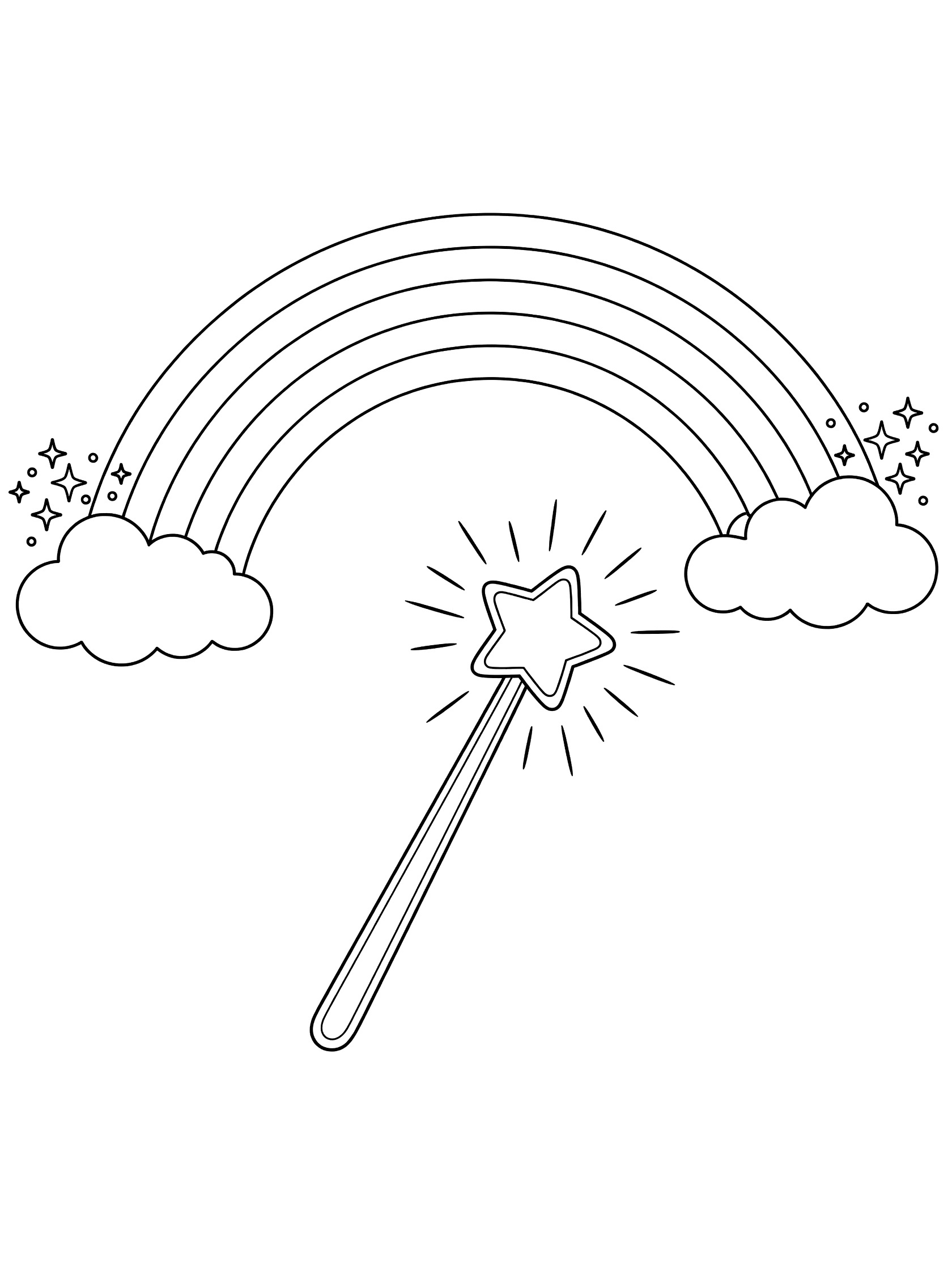 Black and white line art coloring page showing a magic wand with star top and sparkles waving under a curved rainbow arch with fluffy clouds and sparkles at ends