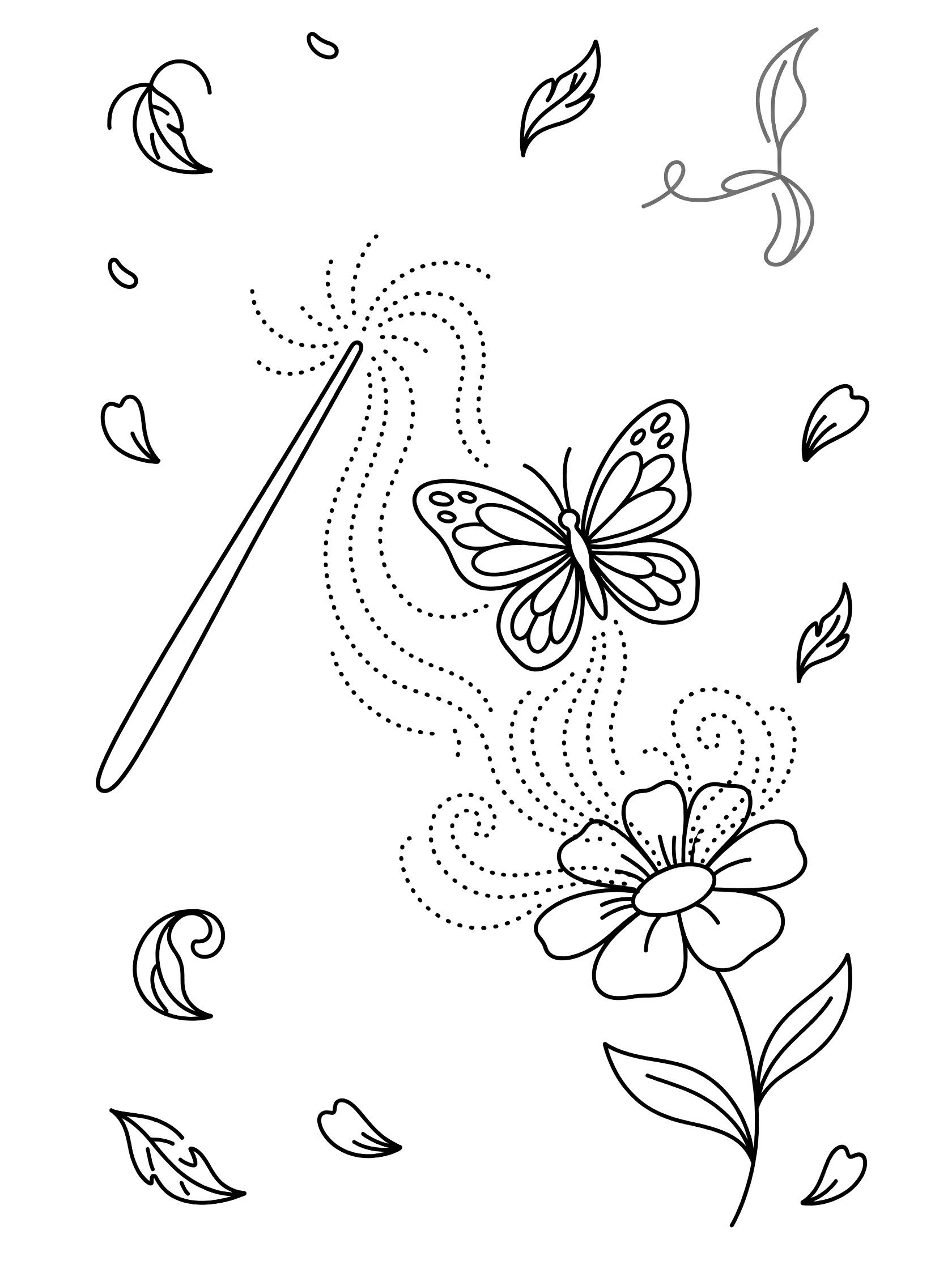 Black and white line art coloring page showing a magic wand pointing at a flower transforming into a butterfly with dotted magic trails and doodle leaves around.