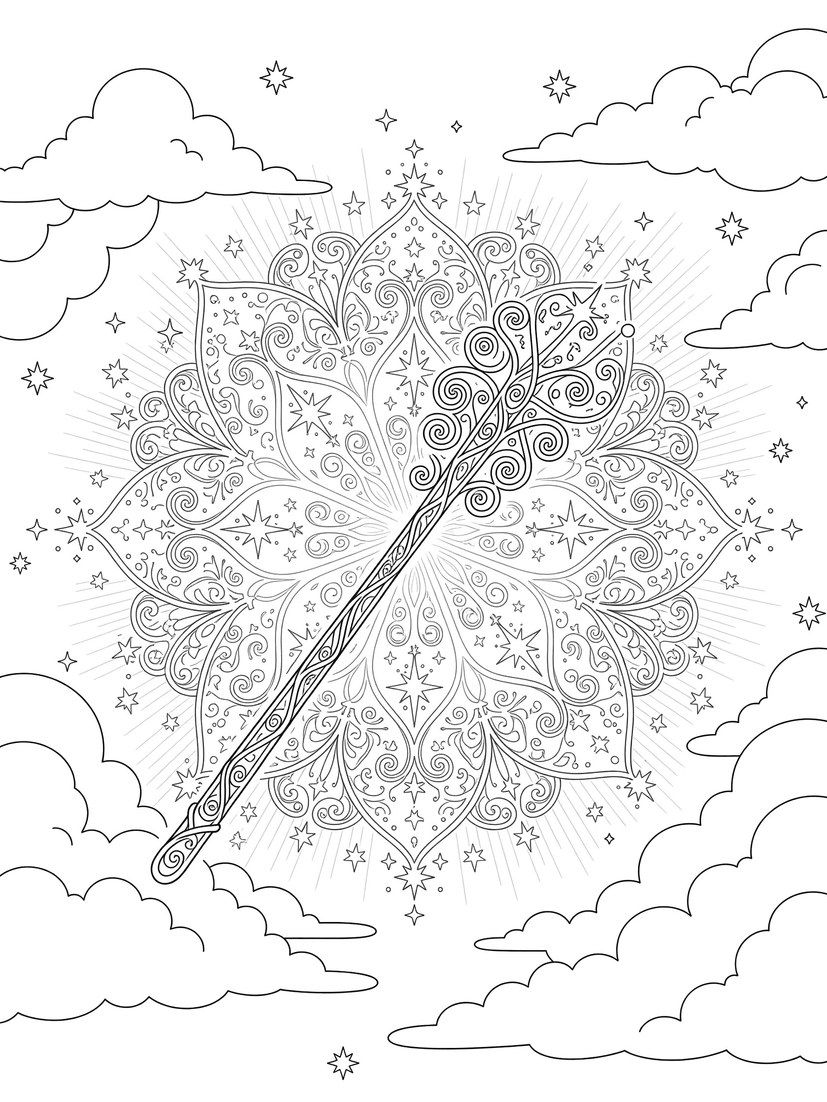 Black and white line art coloring page showing a magic wand centered in a symmetrical mandala design with stars, swirls, curly vines, sparkles, and fluffy clouds around it.