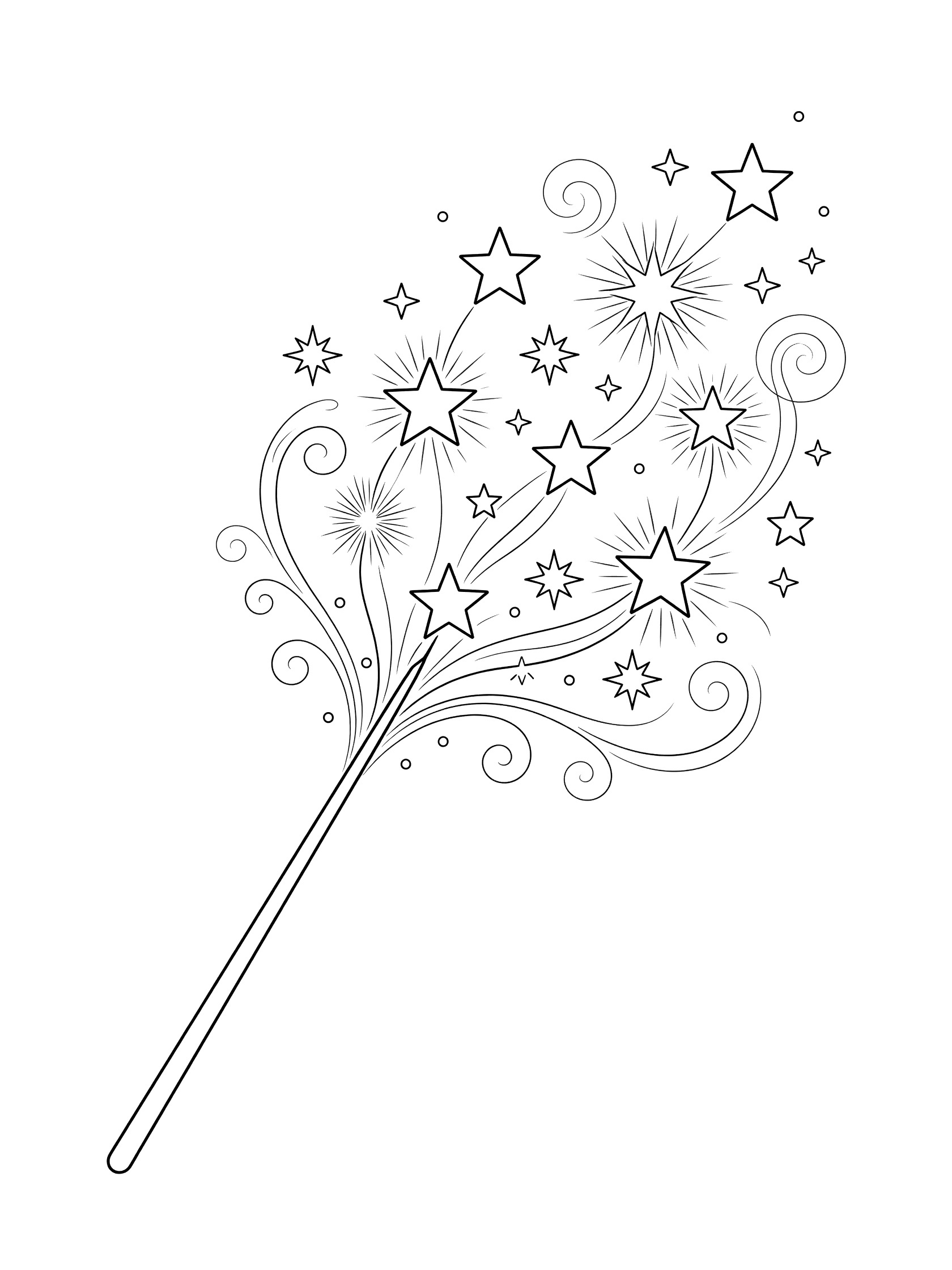 Black and white line art coloring page showing a long magic wand with a cluster of stars connected by curly swirls.