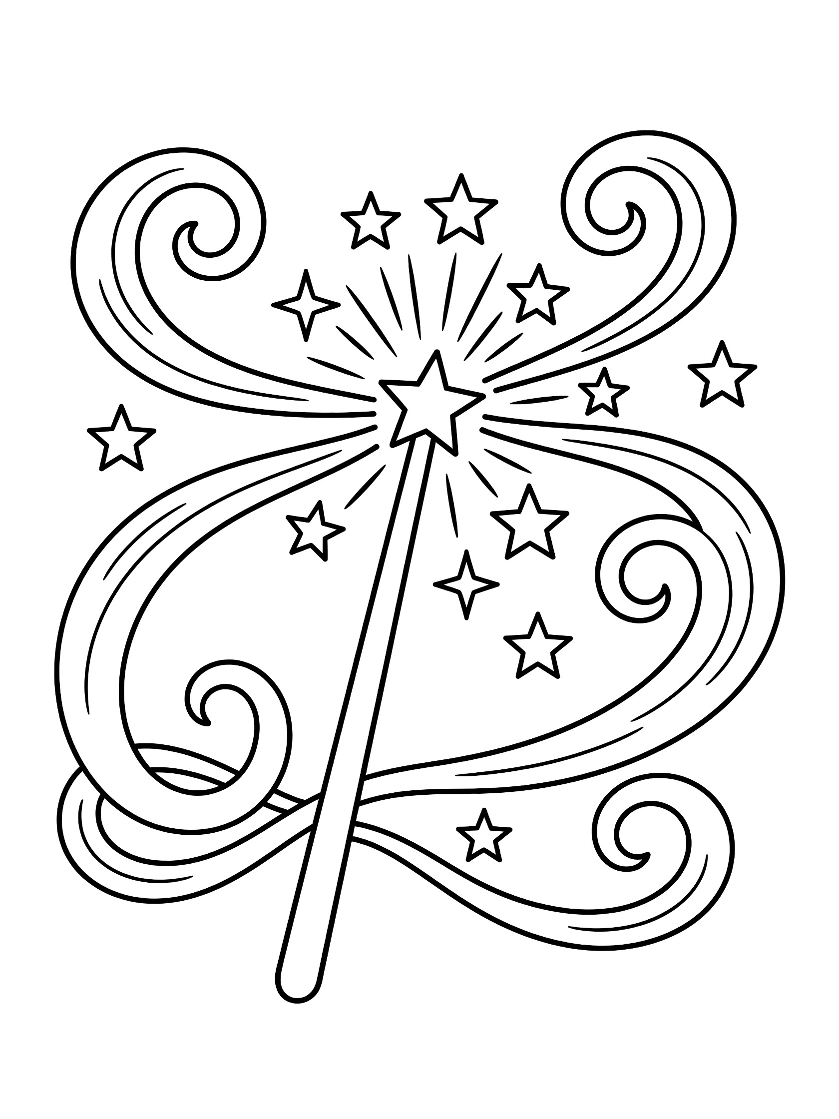 Black and white line art coloring page showing a tall magic wand standing upright with a star burst at the tip, surrounded by multiple stars and swirling magic trails.