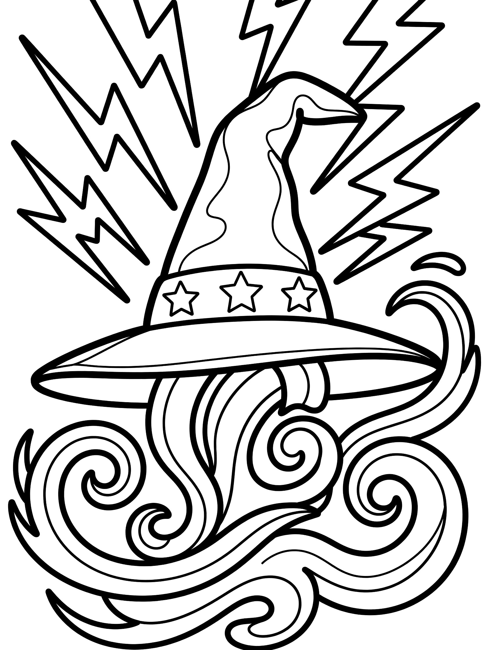 Black and white line art of a tall wizard hat with zigzag lightning bolts from the tip, stars on the band, and energy swirls at the base.
