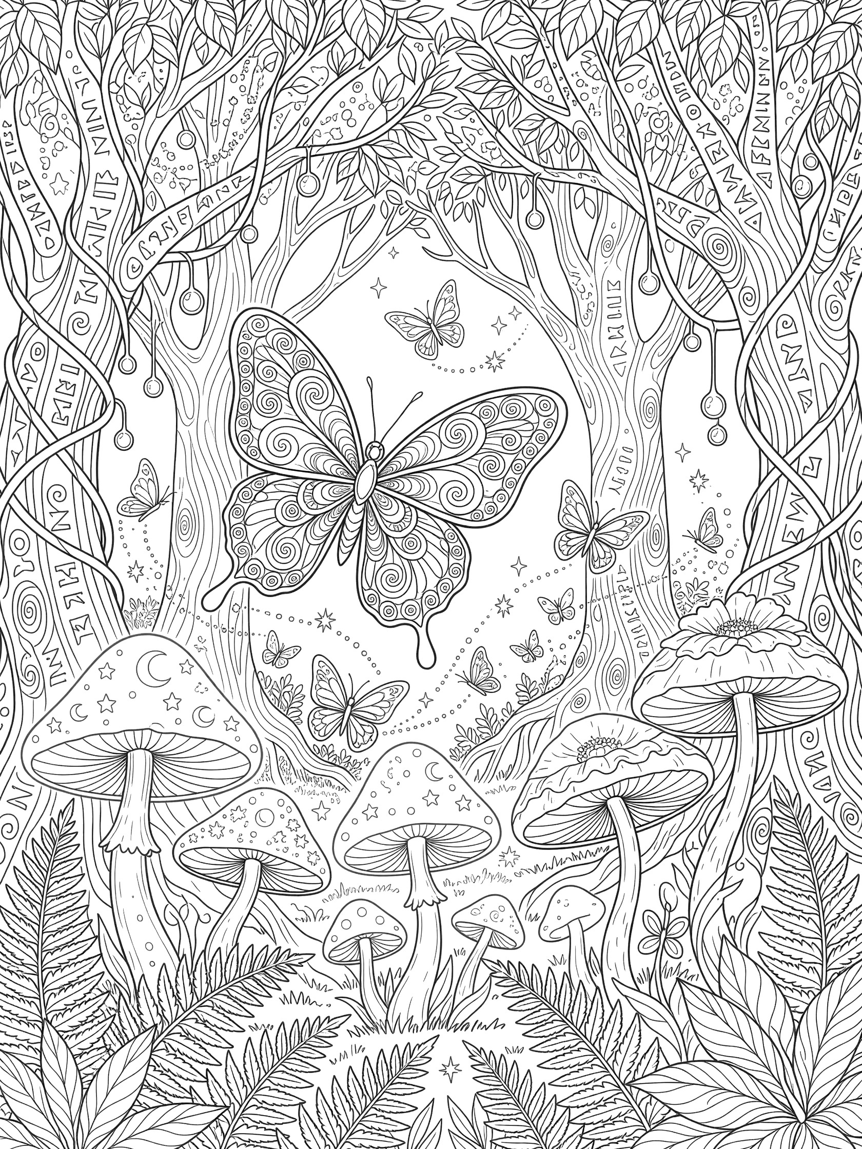 Black and white line art coloring page of a large intricate butterfly hovering in an enchanted forest with mushrooms, oversized flowers, ancient trees, ferns, and sparkling trails.