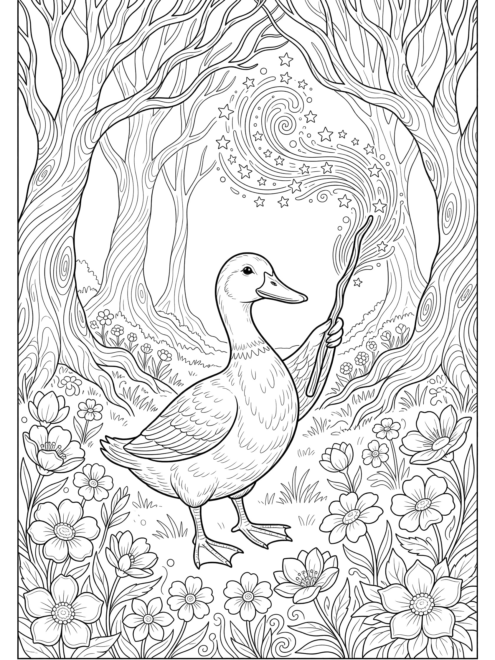 Black and white line art coloring page showing a duck standing on two legs holding a wand that trails stars and swirls, surrounded by twisted trees and flowers in an enchanted forest.