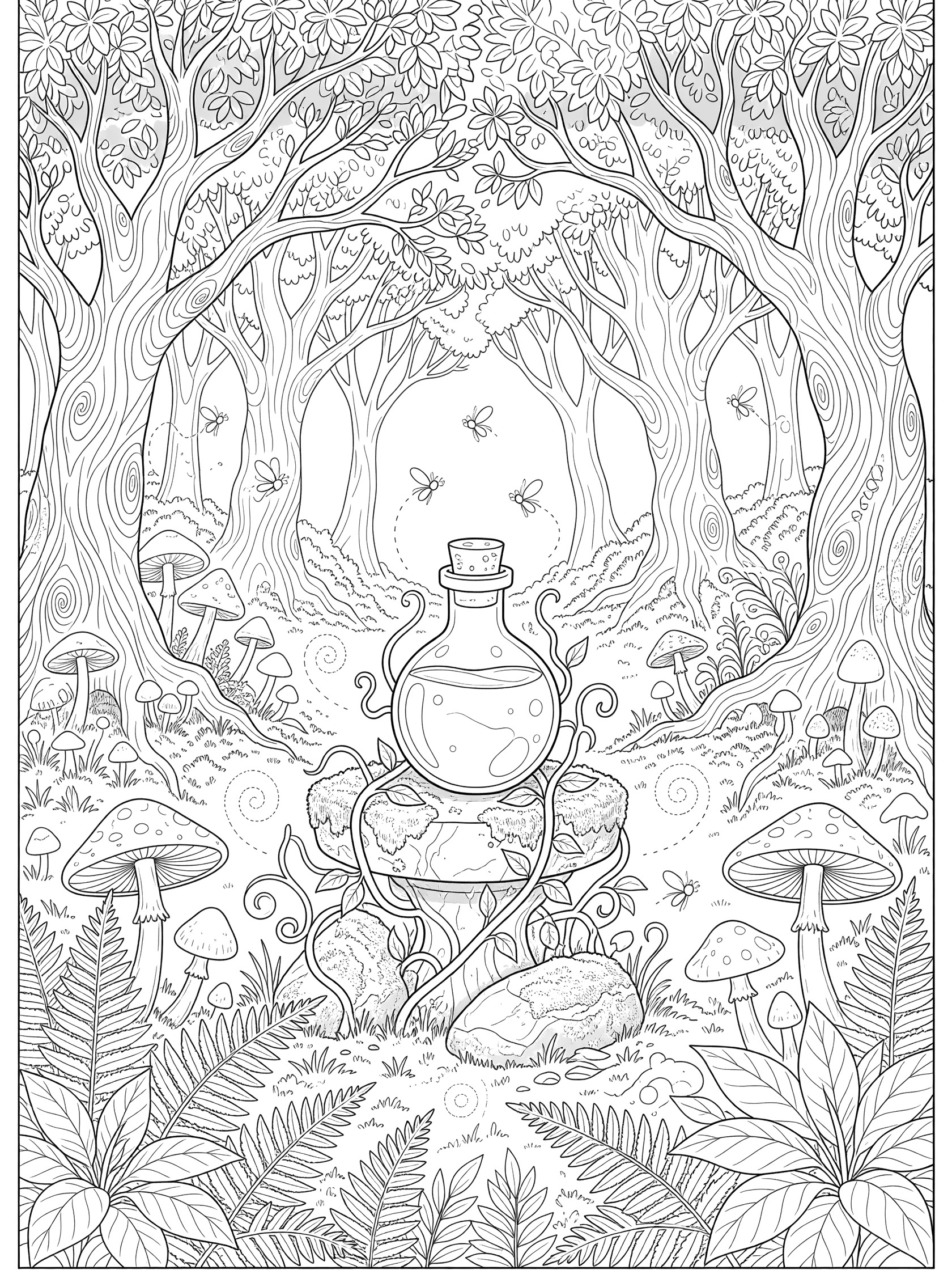 Black and white line art of a glass potion bottle on a stone stand in an enchanted forest, surrounded by tall trees, mushrooms, ferns, vines, flying bees, and rocks.