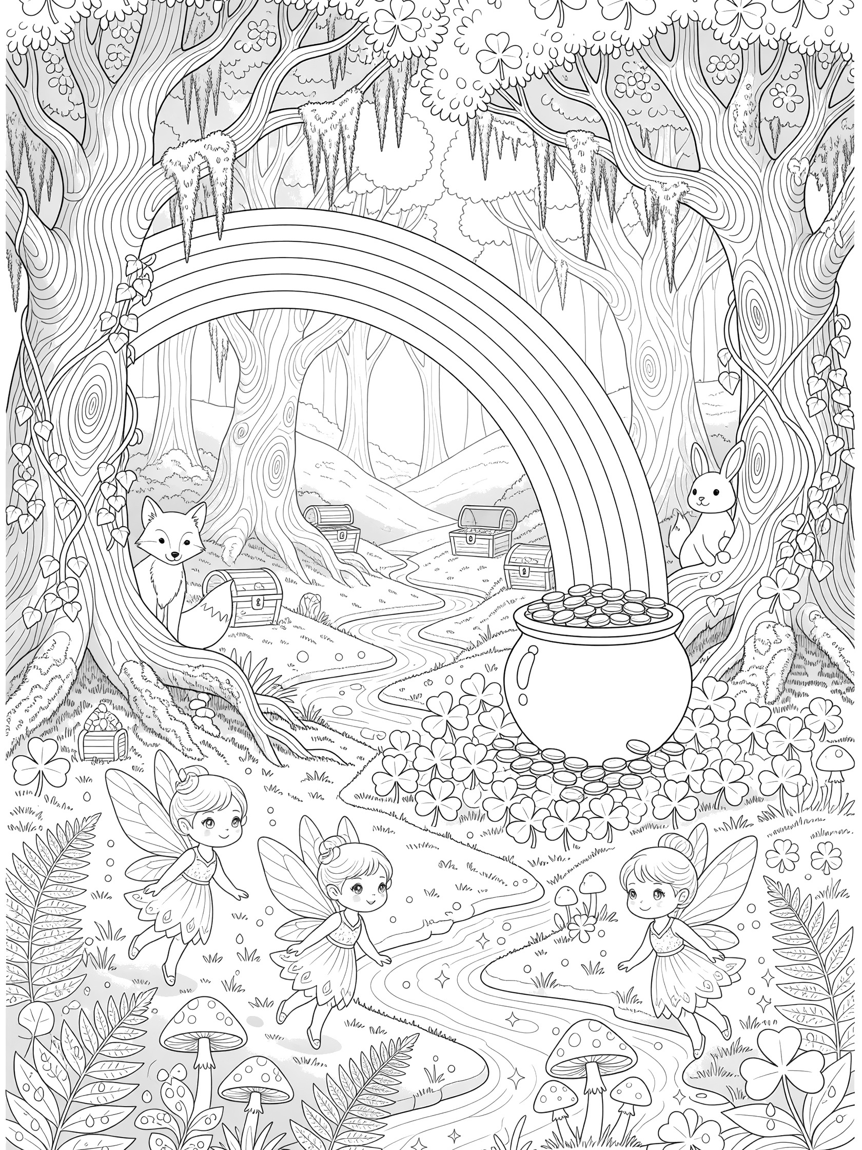 Black and white coloring page showing a rainbow in a magical forest with fairies flying near mushrooms, foxes and rabbits peeking out, a pot of gold at the rainbow's end, and shamrocks.